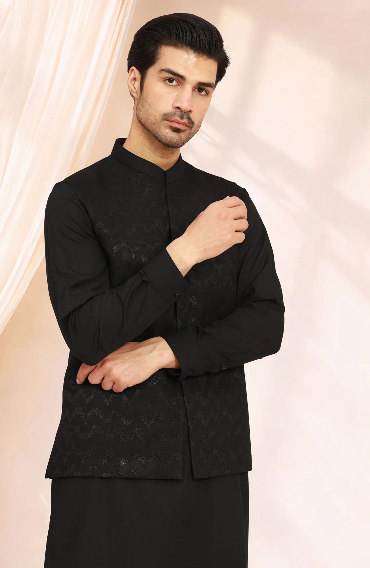 BLACK BLENDED KAMEEZ SHALWAR WITH EMBROIDERED WAISTCOAT - Image 2