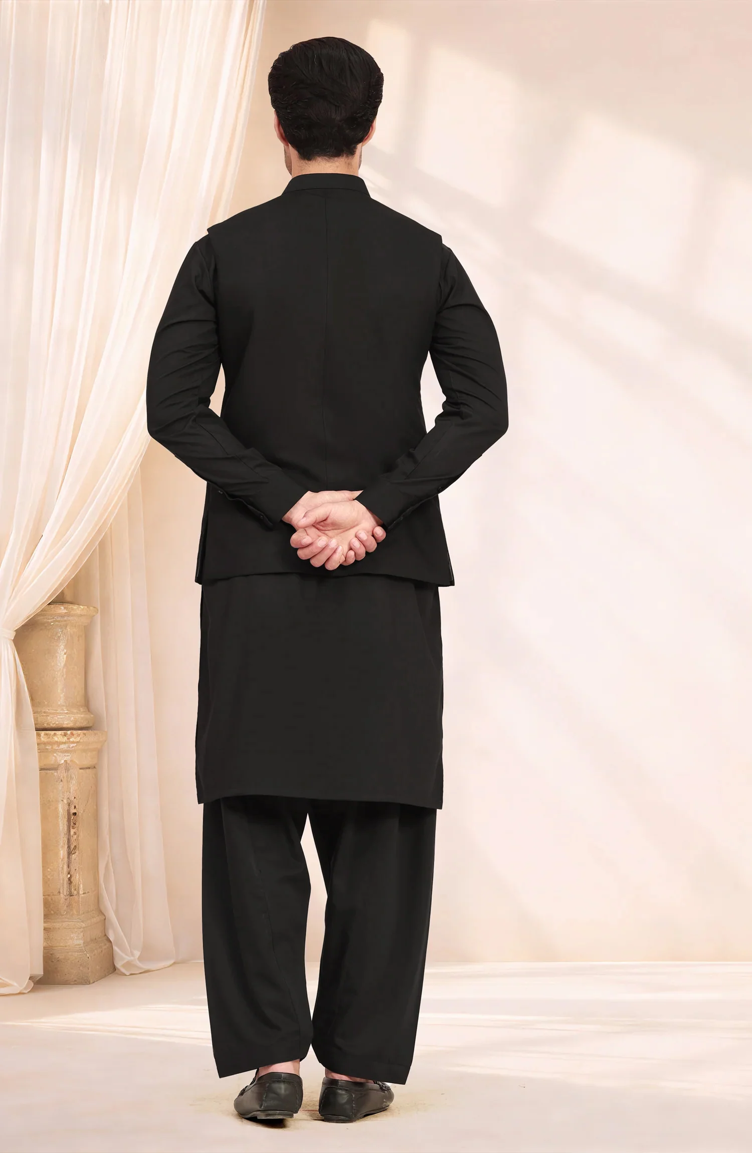 BLACK BLENDED KAMEEZ SHALWAR WITH EMBROIDERED WAISTCOAT - Image 5