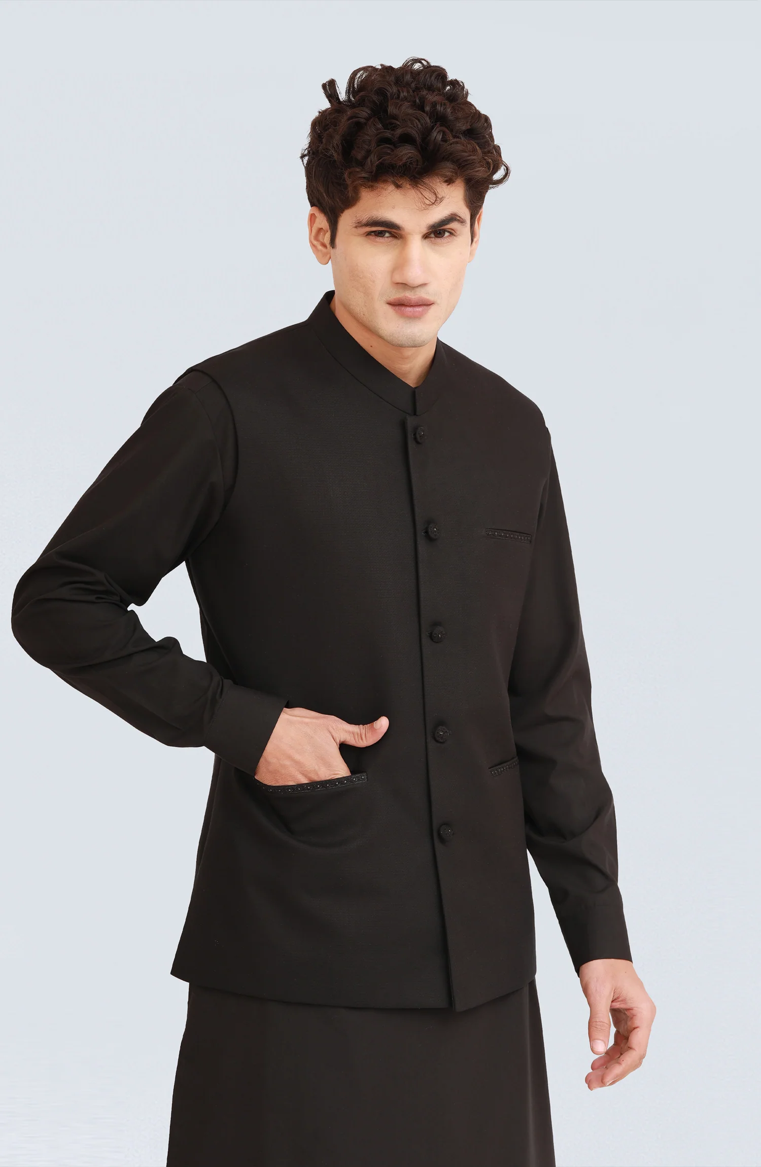 BLACK BLENDED KAMEEZ SHALWAR WITH EMBROIDERED WAISTCOAT - Image 2