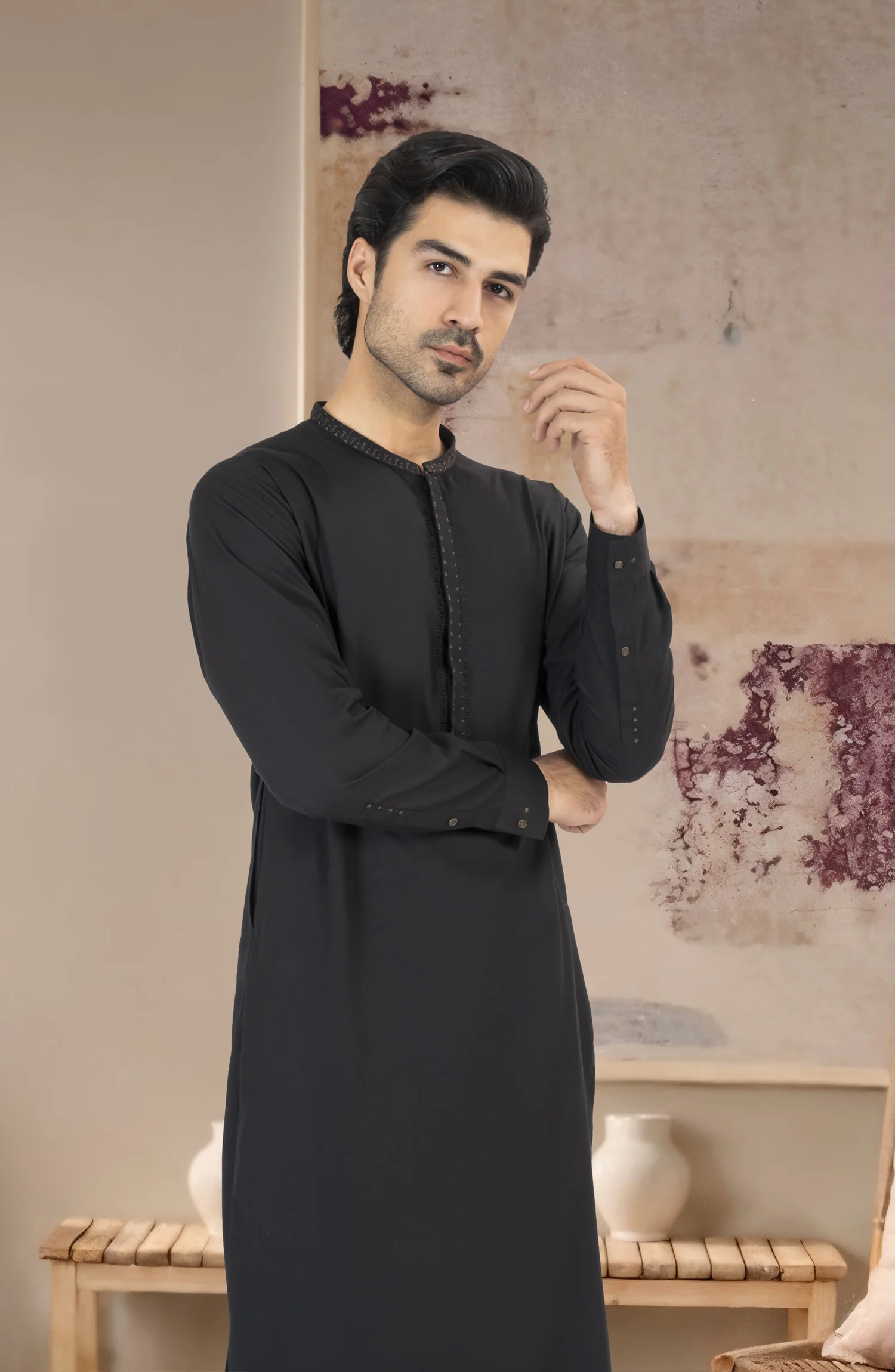 BLACK EMBROIDERED BLENDED KAMEEZ SHALWAR - Image 3