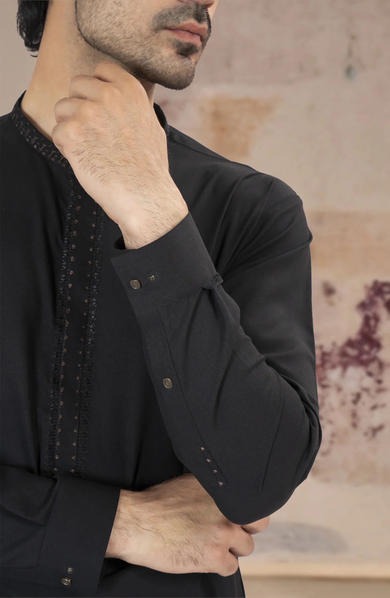 BLACK EMBROIDERED BLENDED KAMEEZ SHALWAR - Image 4
