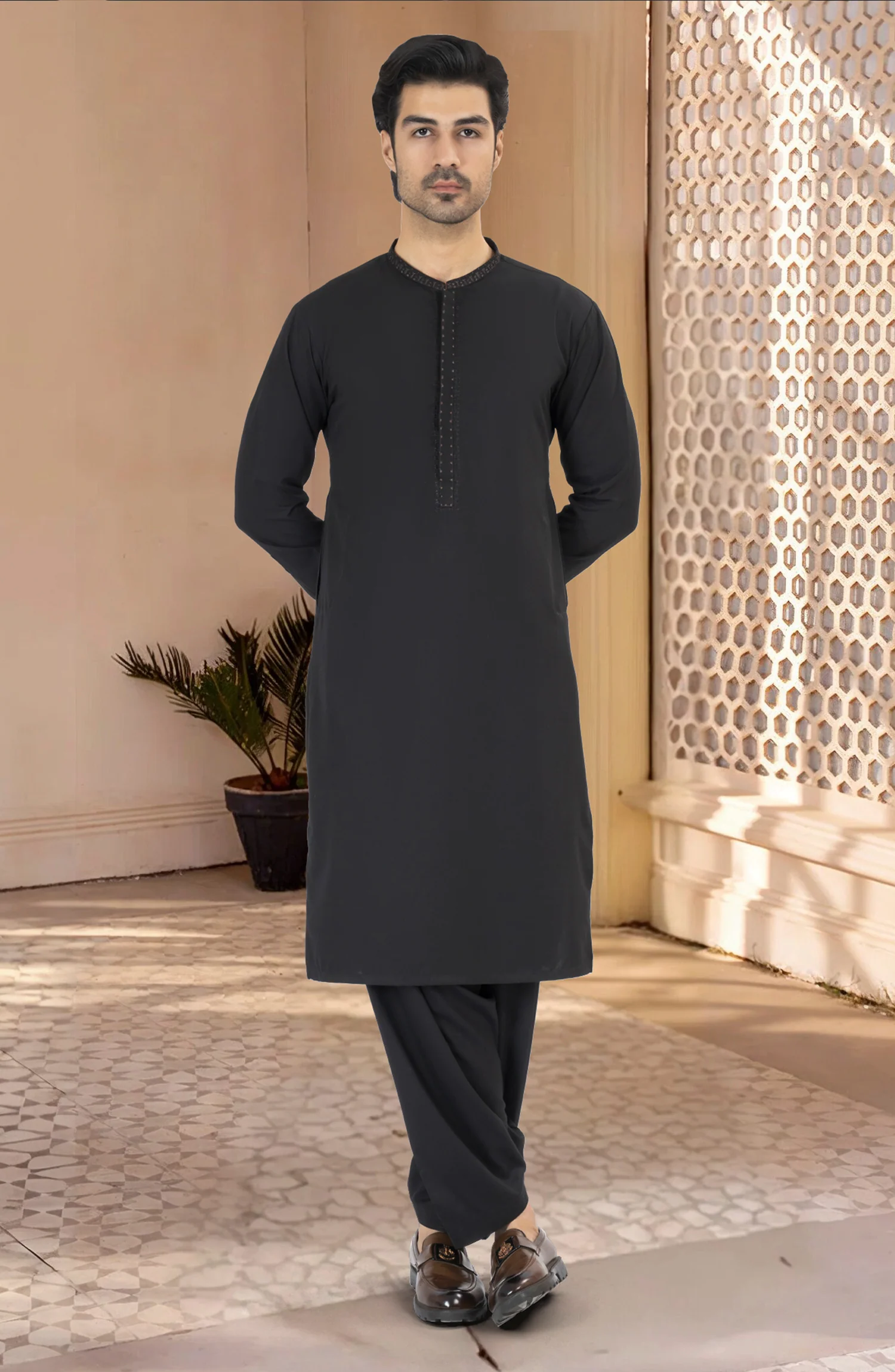 BLACK EMBROIDERED BLENDED KAMEEZ SHALWAR - Image 6