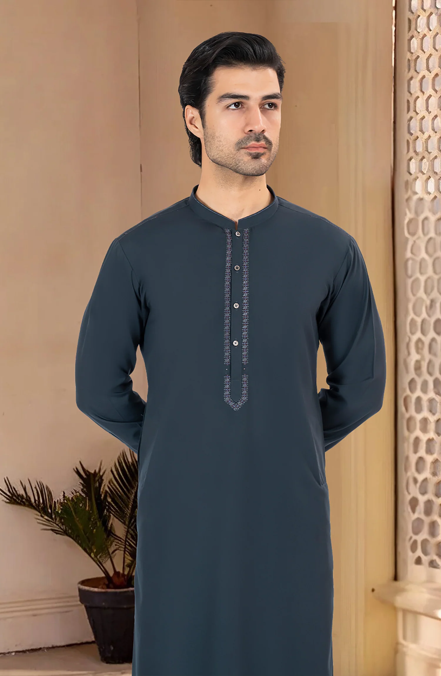 BOTTLE-GREEN BLENDED EMBROIDERED KAMEEZ SHALWAR - Image 3