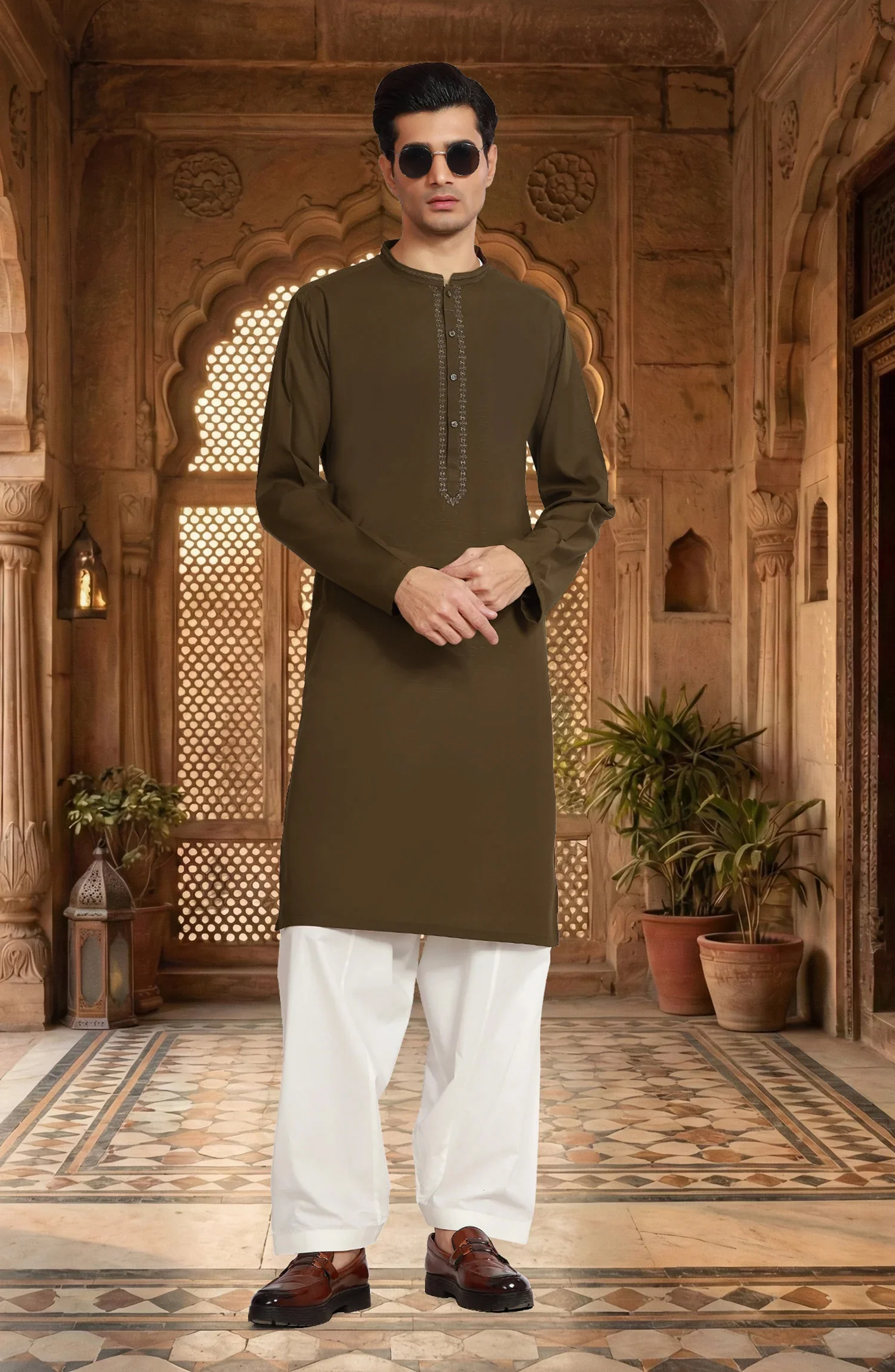 BROWN BLENDED EMBROIDERED KURTA - Image 4