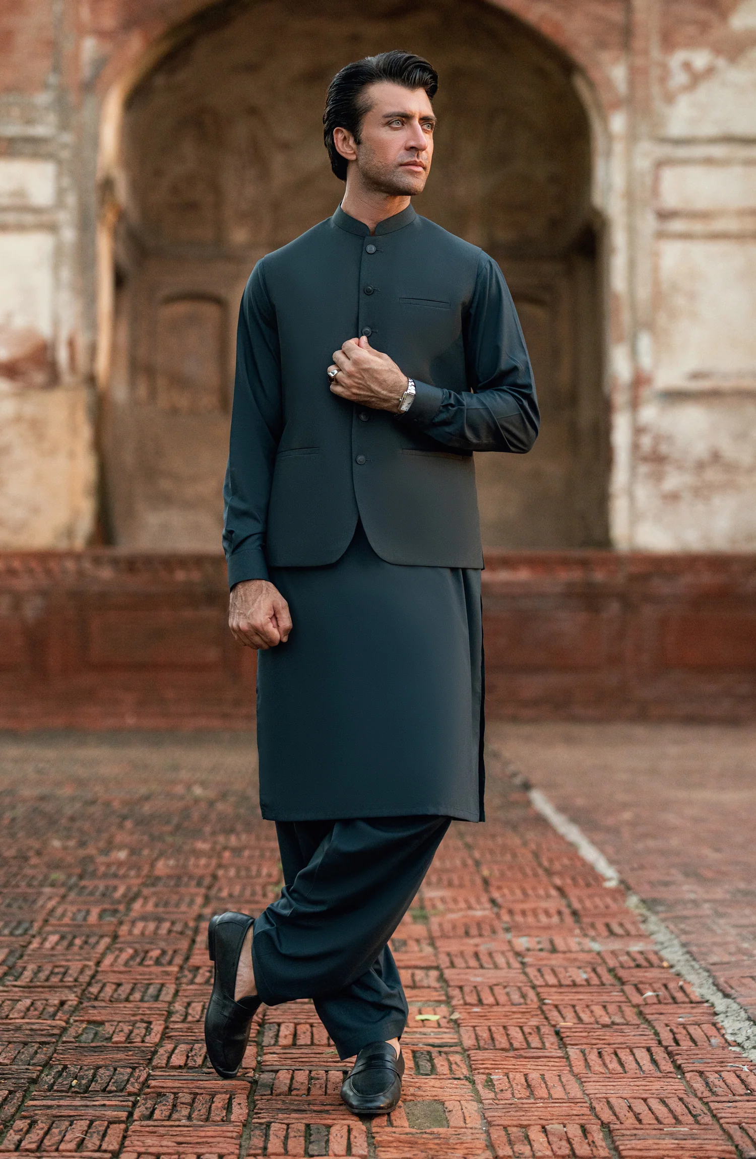 CHARCOAL BLENDED KAMEEZ SHALWAR WITH WAIST COAT