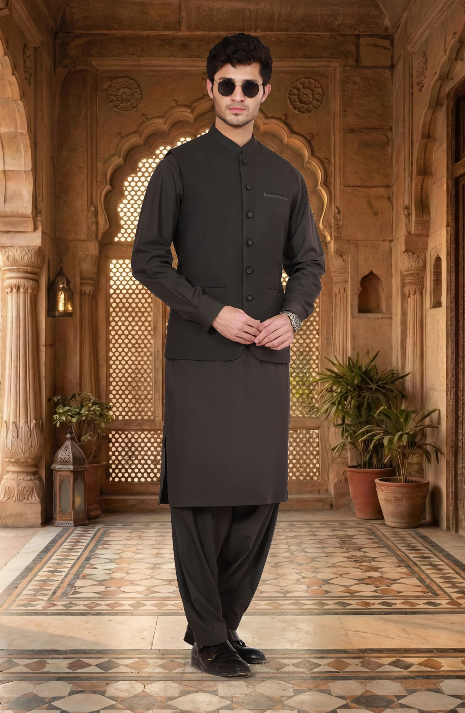 CHARCOAL BLENDED KAMEEZ SHALWAR WITH WAISTCOAT