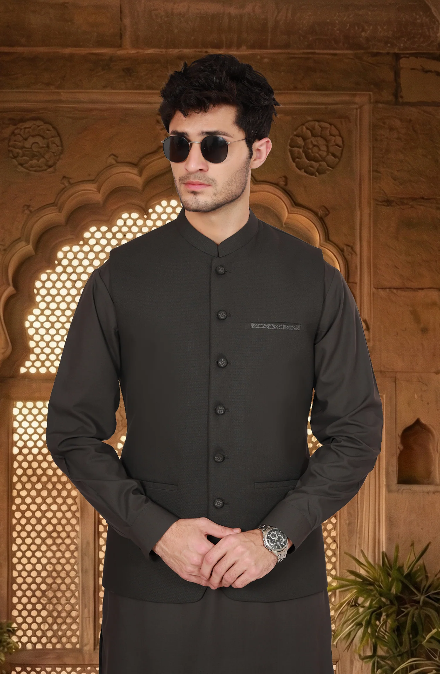 CHARCOAL BLENDED KAMEEZ SHALWAR WITH WAISTCOAT - Image 2