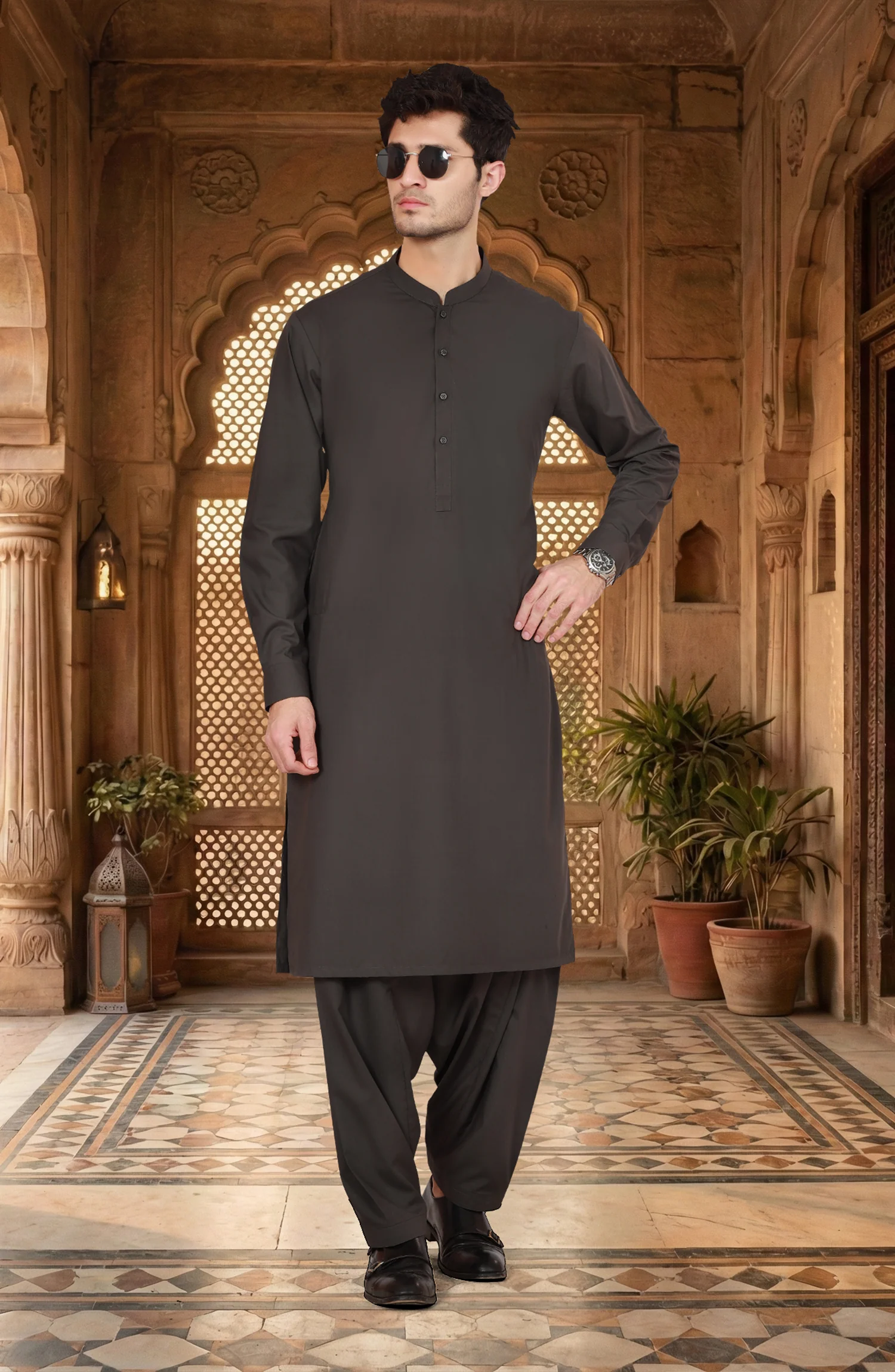 CHARCOAL BLENDED KAMEEZ SHALWAR WITH WAISTCOAT - Image 3