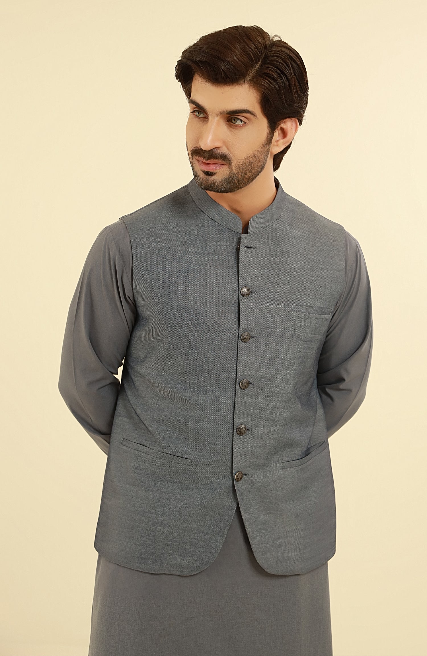 CHARCOAL KAMEEZ SHALWAR WITH WAIST COAT - Image 2