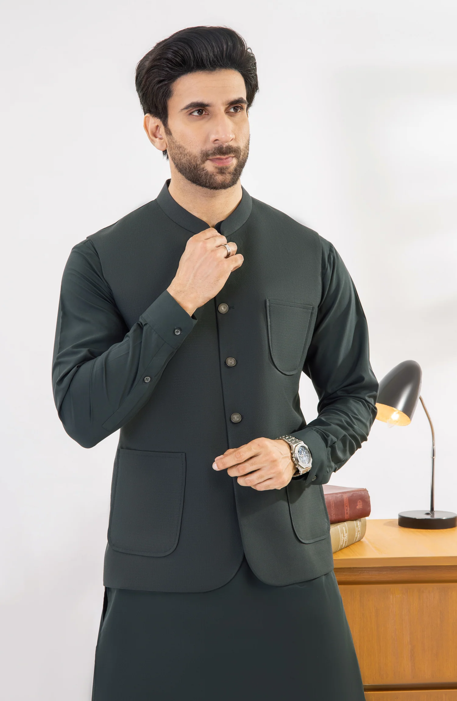 CHARCOAL KAMEEZ SHALWAR WITH WAIST COAT - Image 4