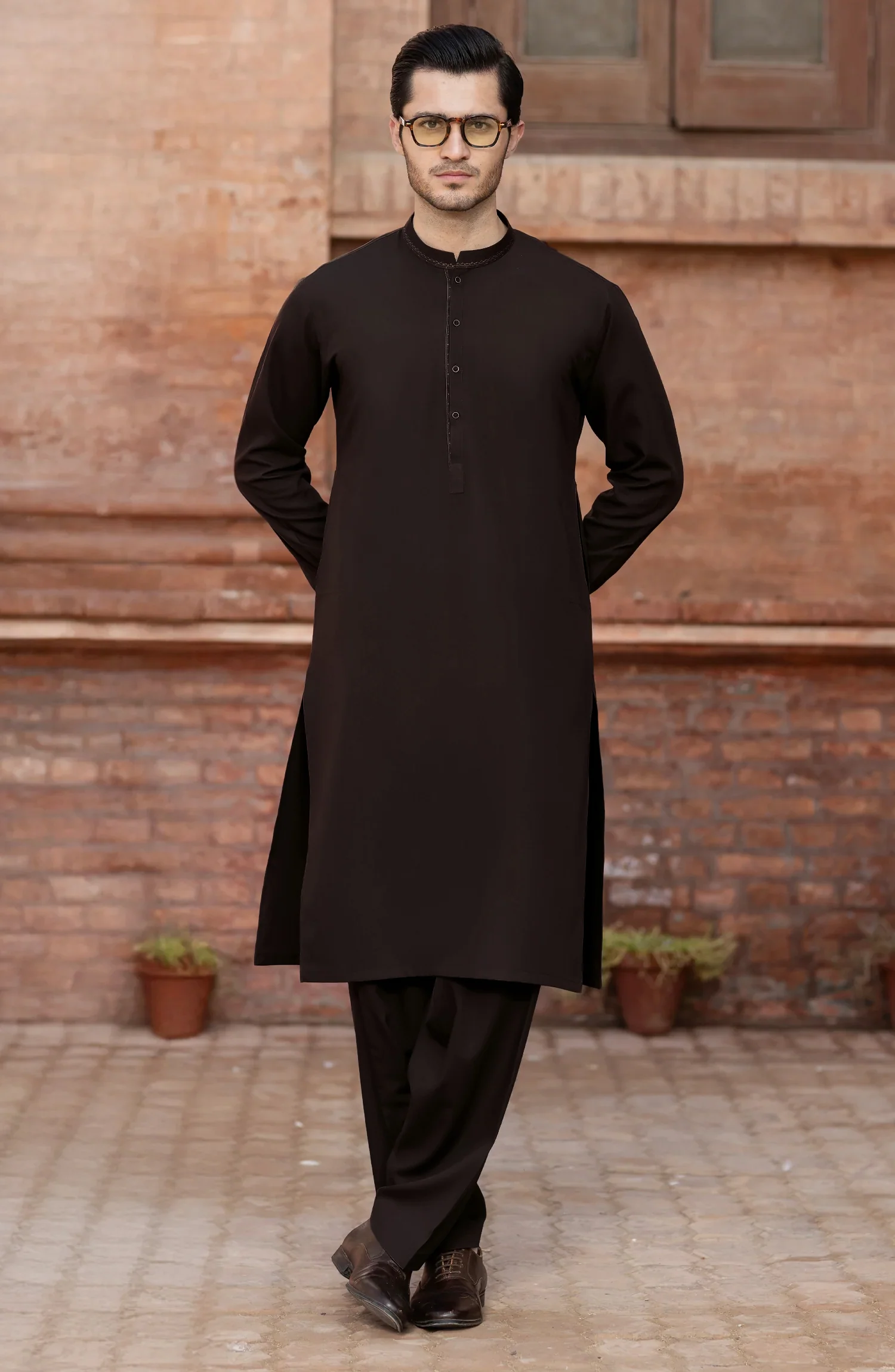 CHOCOLATE-BROWN BLENDED EMBROIDERED KAMEEZ SHALWAR