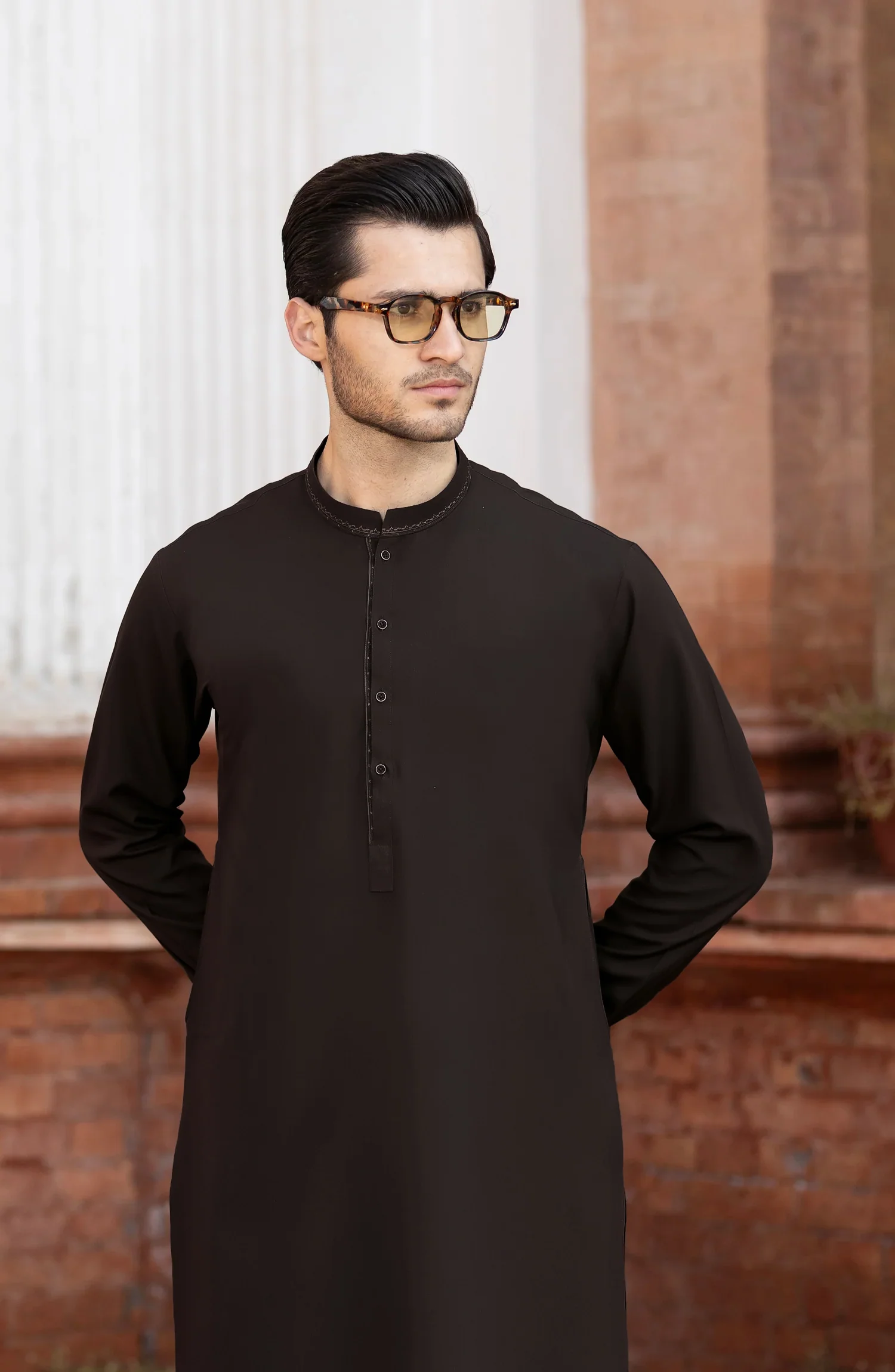 CHOCOLATE-BROWN BLENDED EMBROIDERED KAMEEZ SHALWAR - Image 2