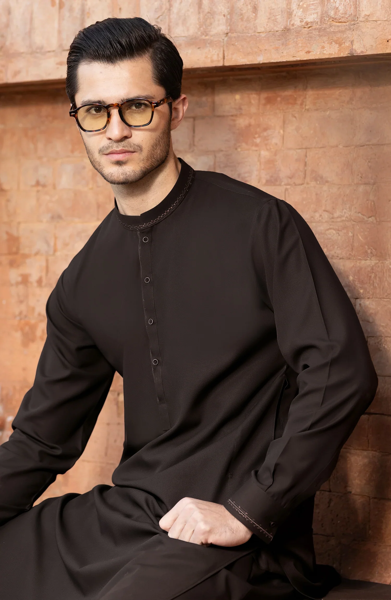 CHOCOLATE-BROWN BLENDED EMBROIDERED KAMEEZ SHALWAR - Image 4