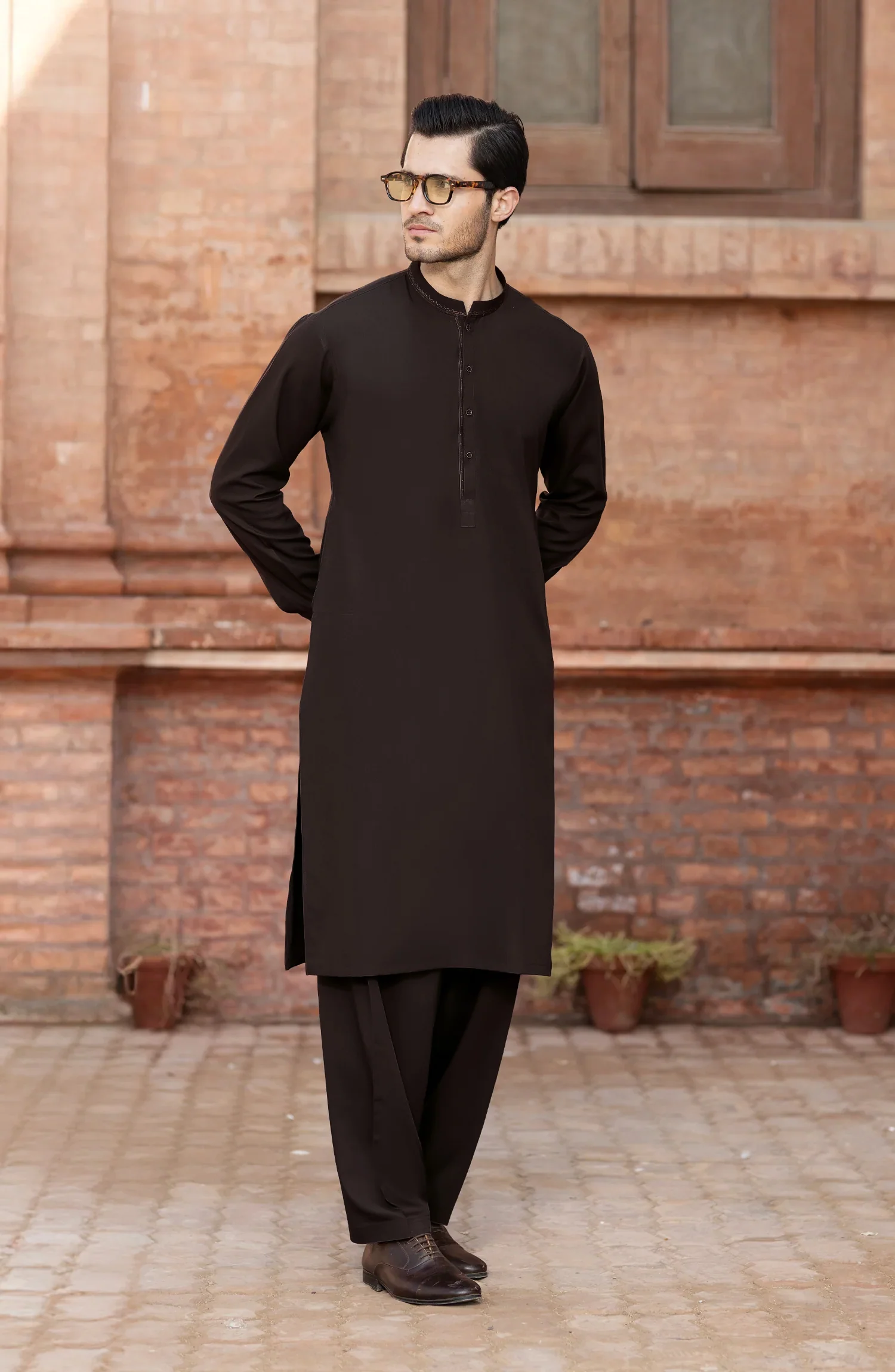 CHOCOLATE-BROWN BLENDED EMBROIDERED KAMEEZ SHALWAR - Image 6