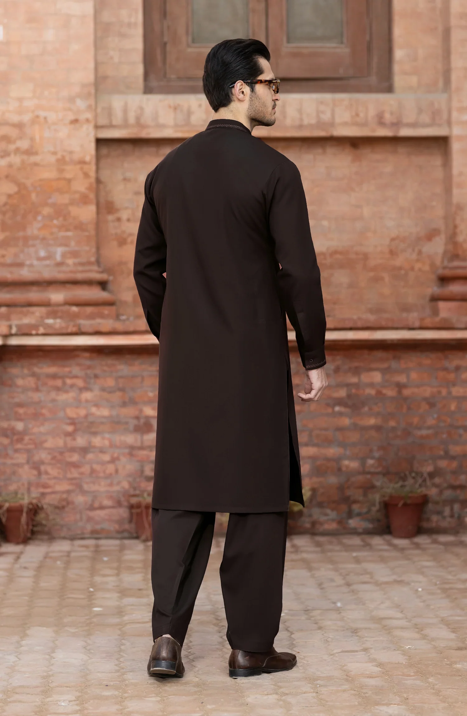 CHOCOLATE-BROWN BLENDED EMBROIDERED KAMEEZ SHALWAR - Image 7