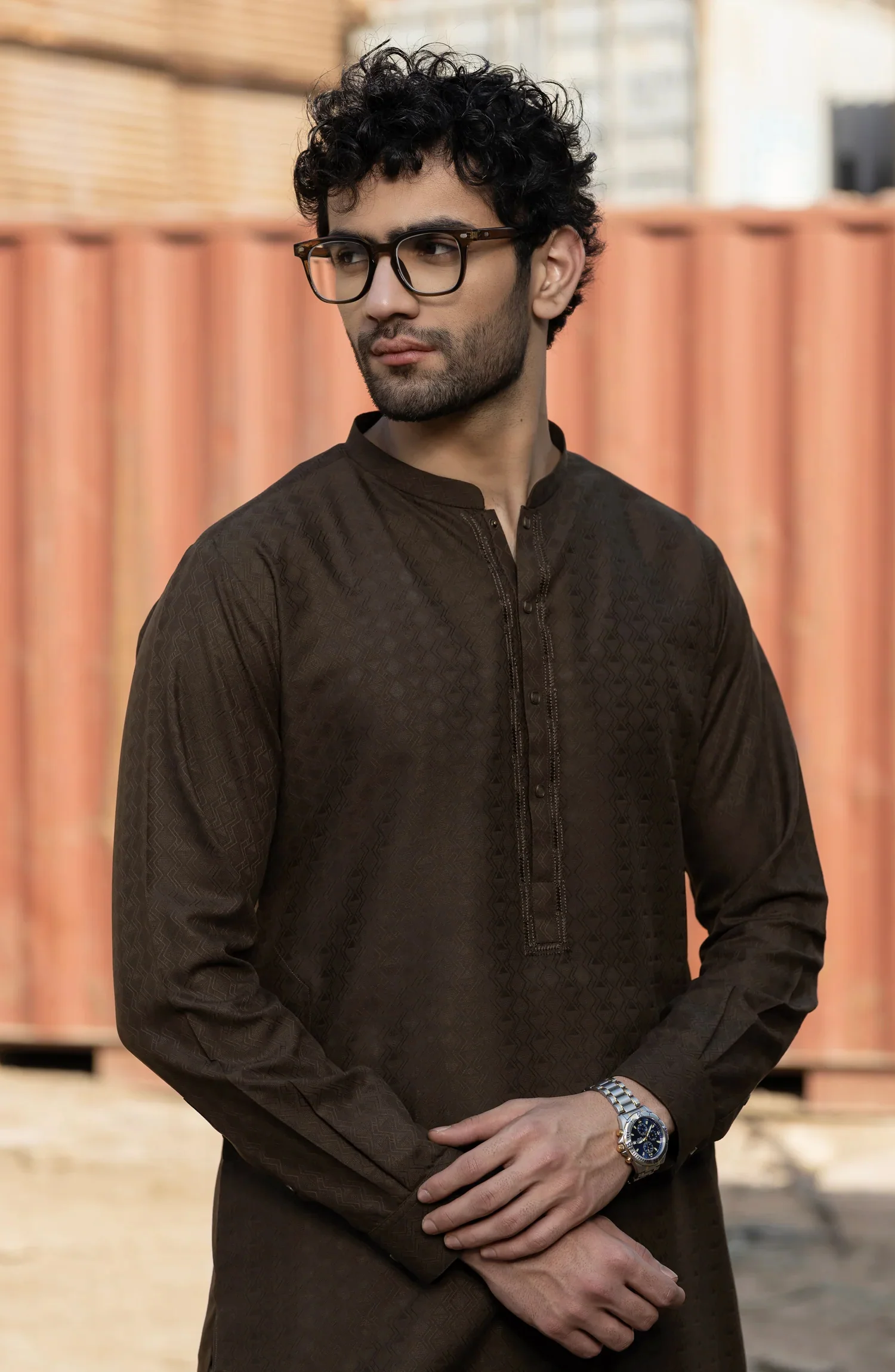 CHOCOLATE BROWN BLENDED EMBROIDERED KURTA - Image 2