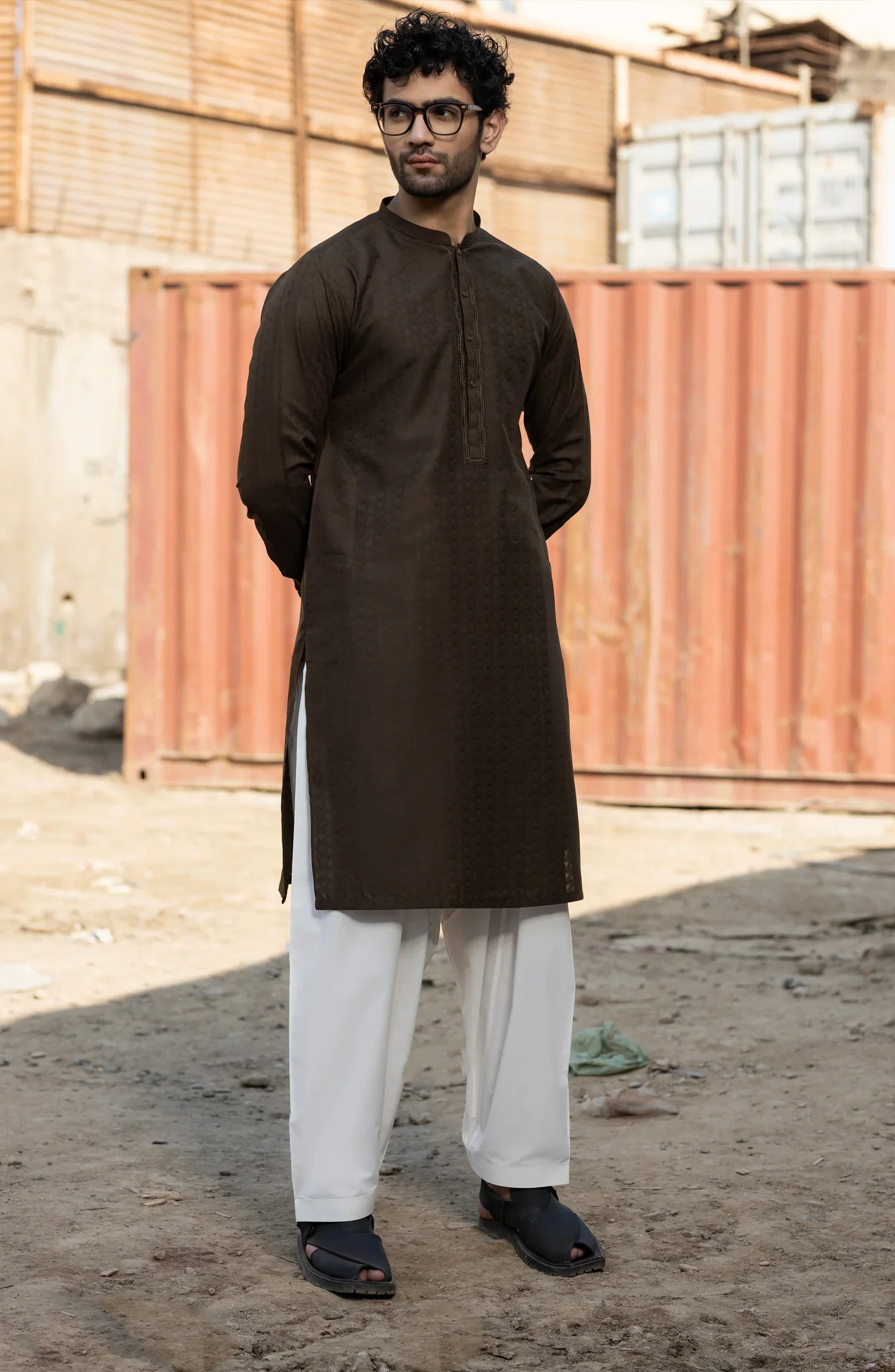 CHOCOLATE BROWN BLENDED EMBROIDERED KURTA - Image 4
