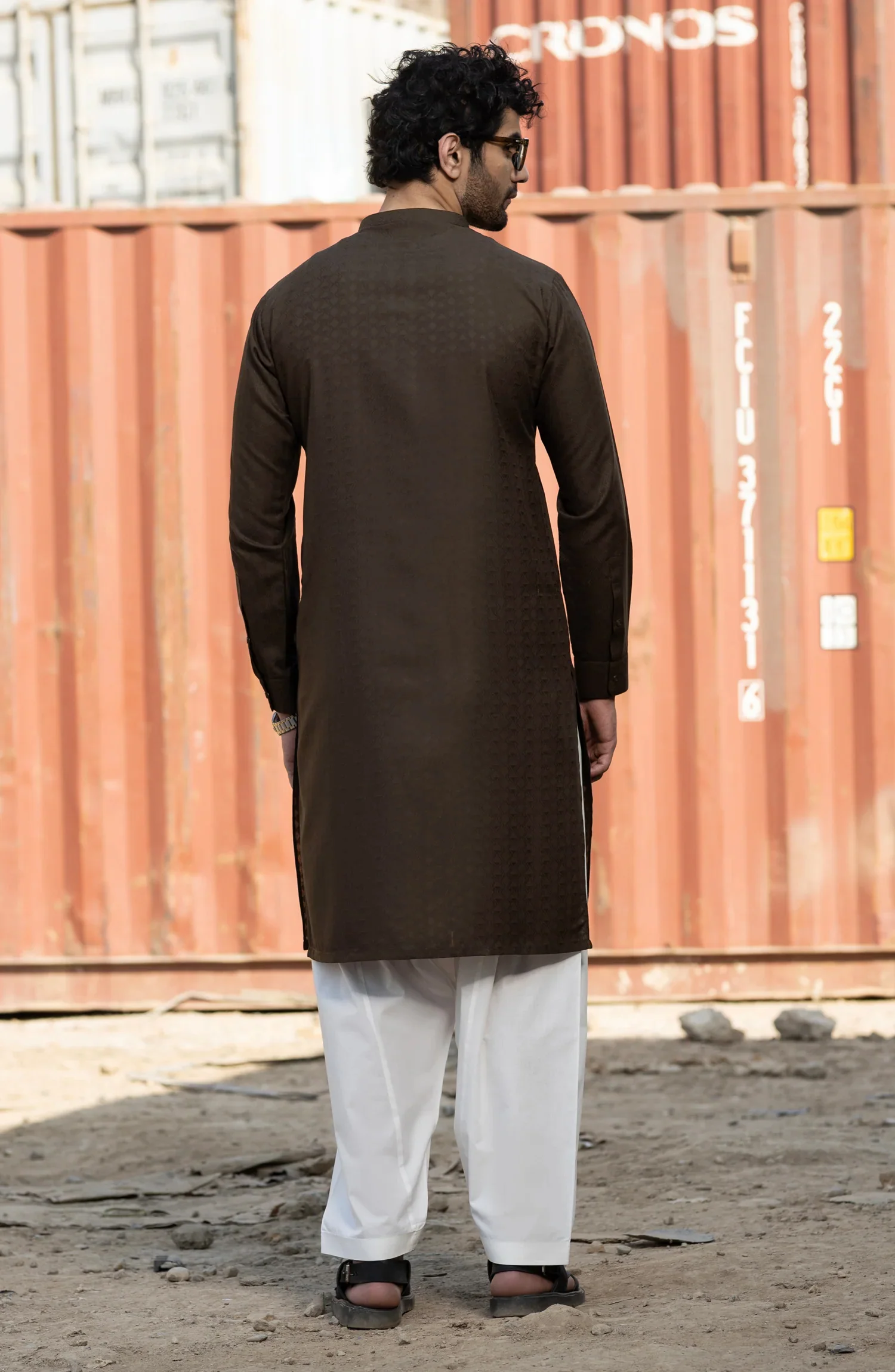 CHOCOLATE BROWN BLENDED EMBROIDERED KURTA - Image 5