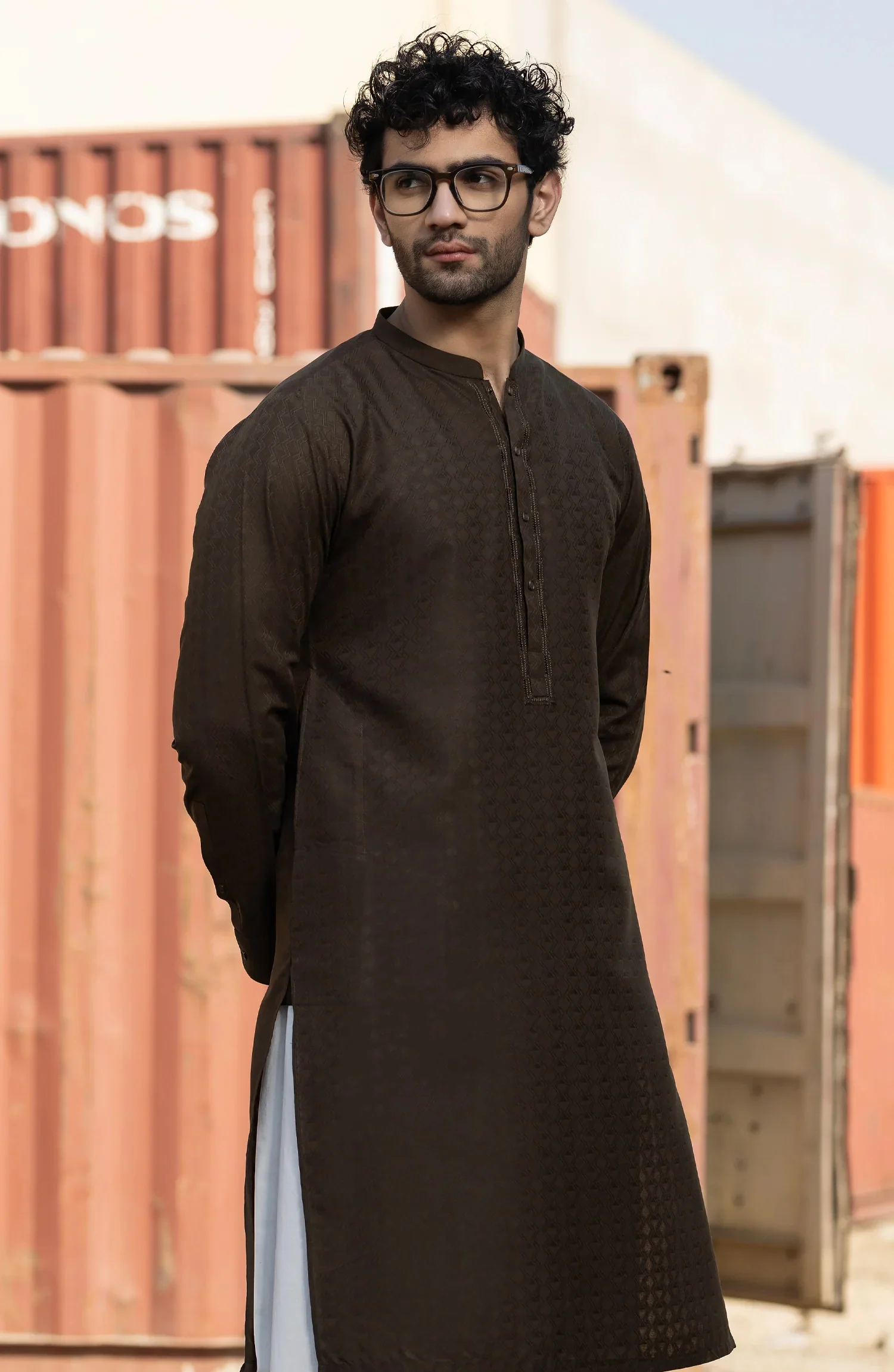 CHOCOLATE BROWN BLENDED EMBROIDERED KURTA - Image 7