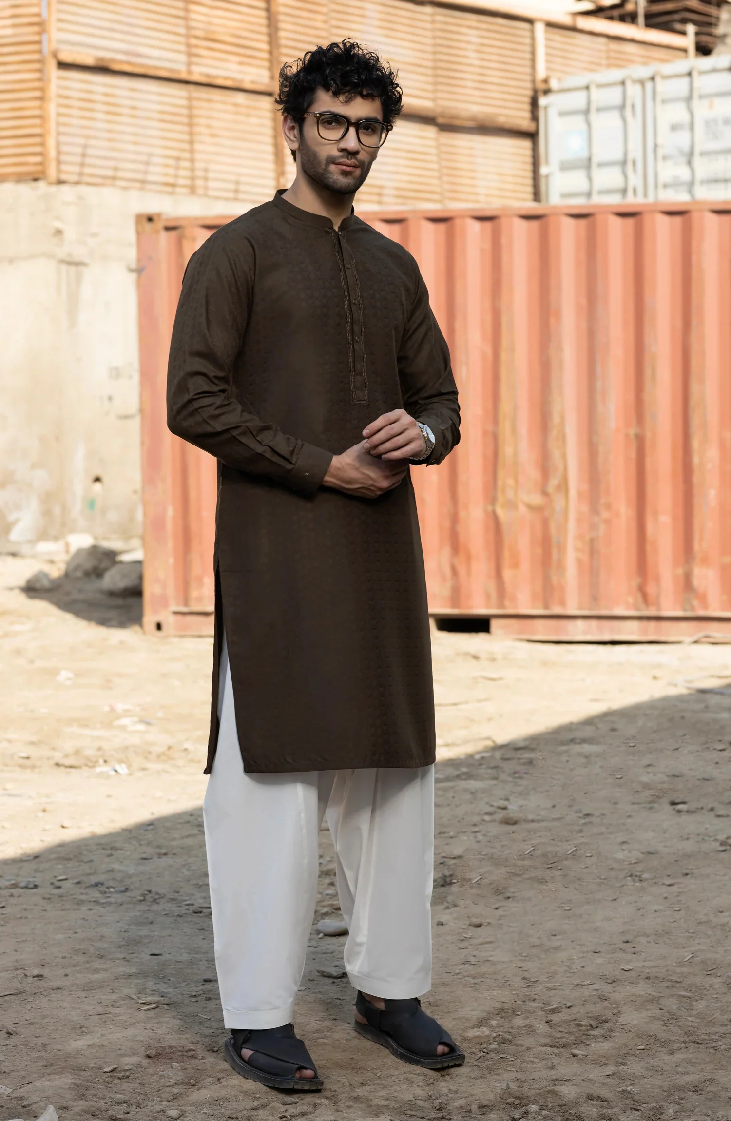 CHOCOLATE BROWN BLENDED EMBROIDERED KURTA - Image 9