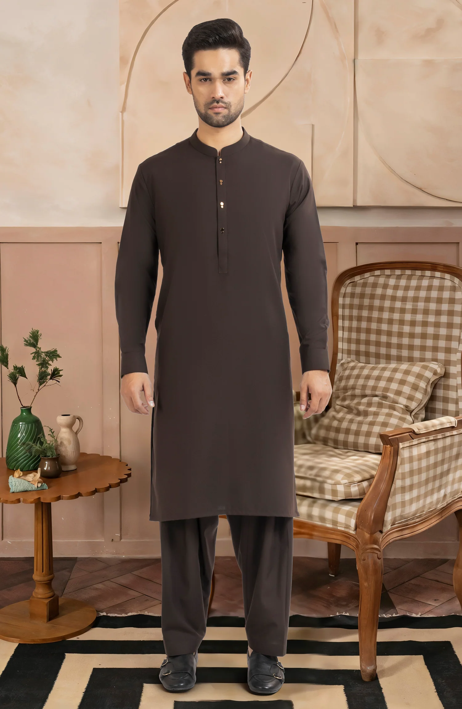 CHOCOLATE BROWN BLENDED KAMEEZ SHALWAR - Image 5