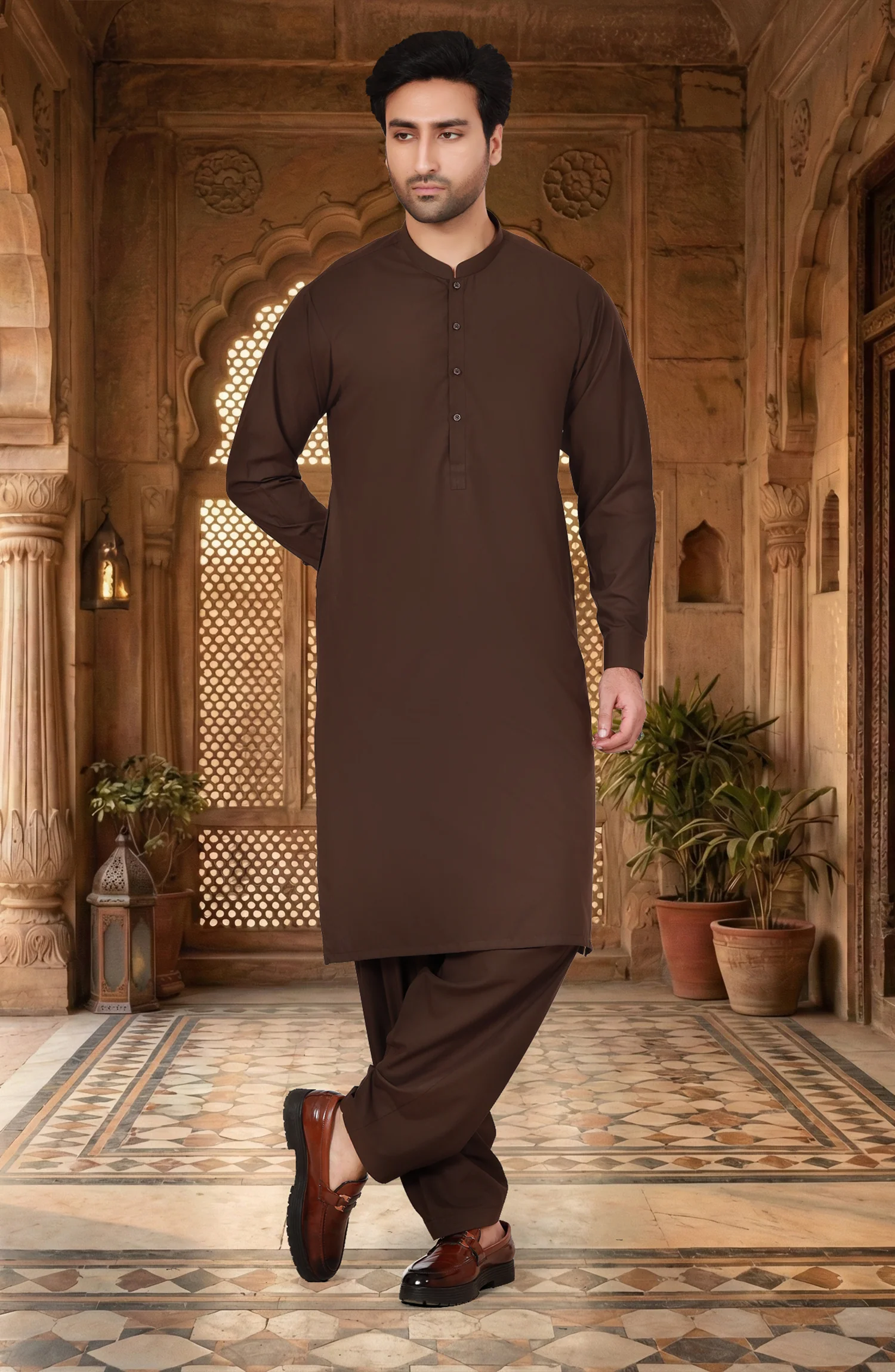 CHOCOLATE-BROWN BLENDED KAMEEZ SHALWAR WITH WAISTCOAT - Image 3
