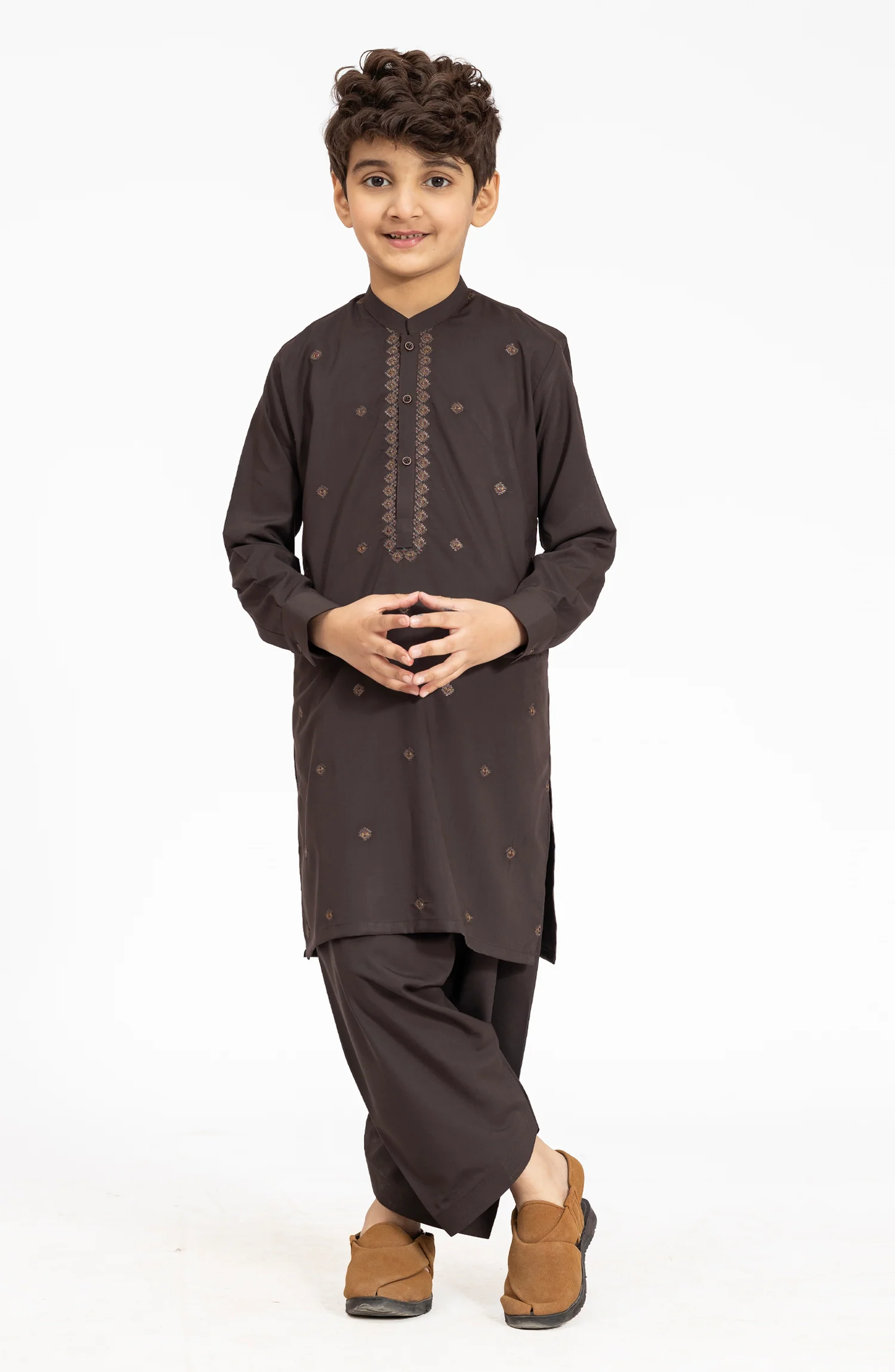 CHOCOLATE-BROWN EMBROIDERED BLENDED KAMEEZ SHALWAR - Image 2