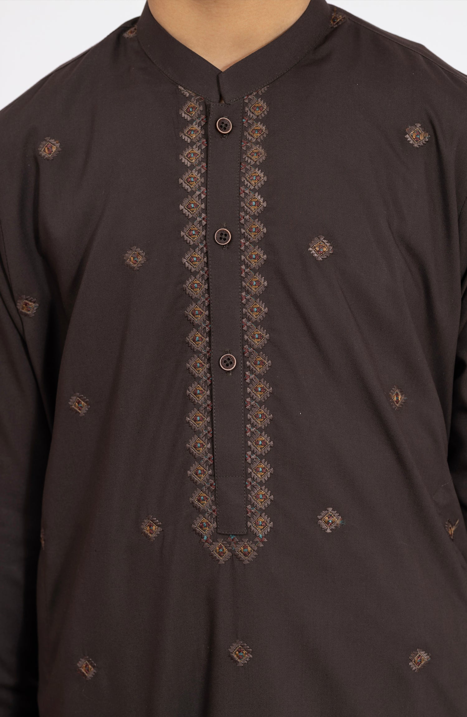 CHOCOLATE-BROWN EMBROIDERED BLENDED KAMEEZ SHALWAR - Image 3