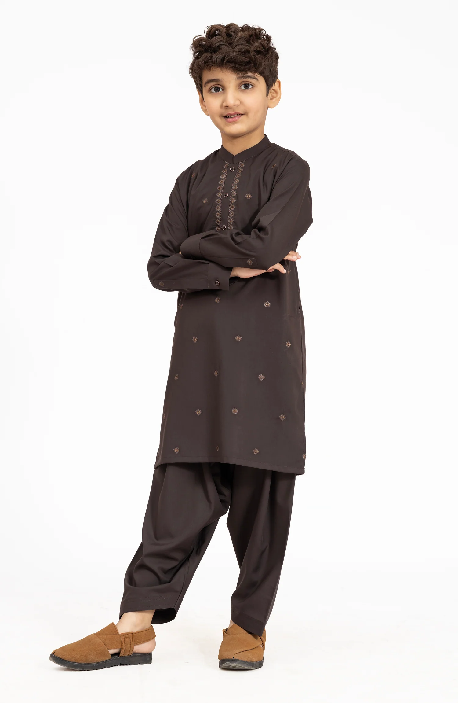 CHOCOLATE-BROWN EMBROIDERED BLENDED KAMEEZ SHALWAR - Image 7