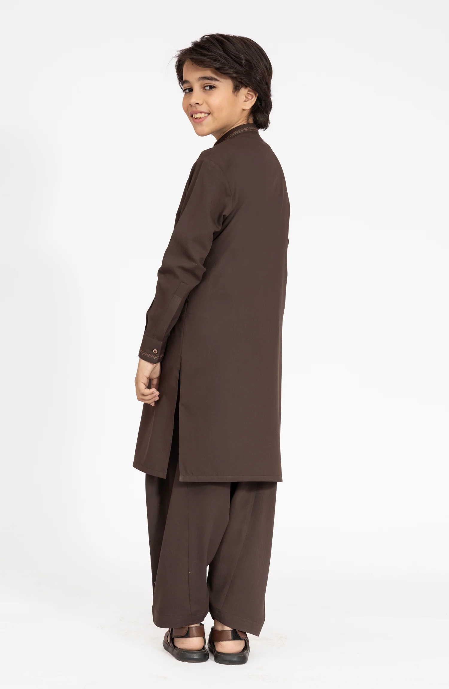 CHOCOLATE-BROWN EMBROIDERED BLENDED KAMEEZ SHALWAR - Image 4