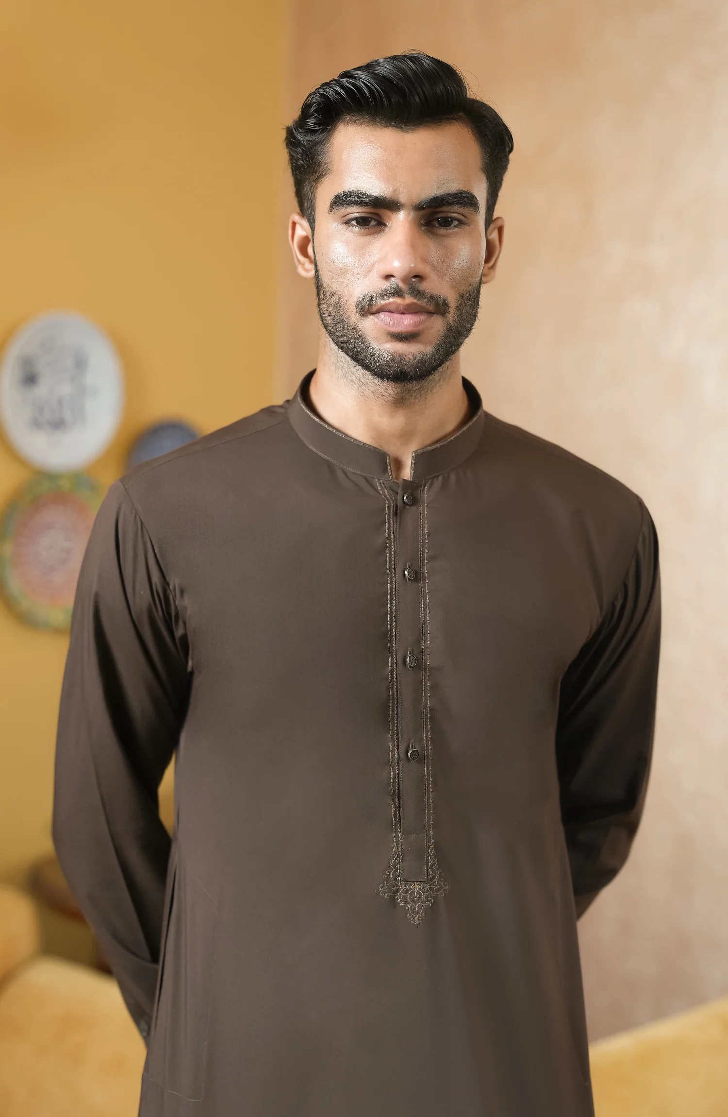 CHOCOLATE BROWN EMBROIDERED BLENDED KAMEEZ SHALWAR - Image 2