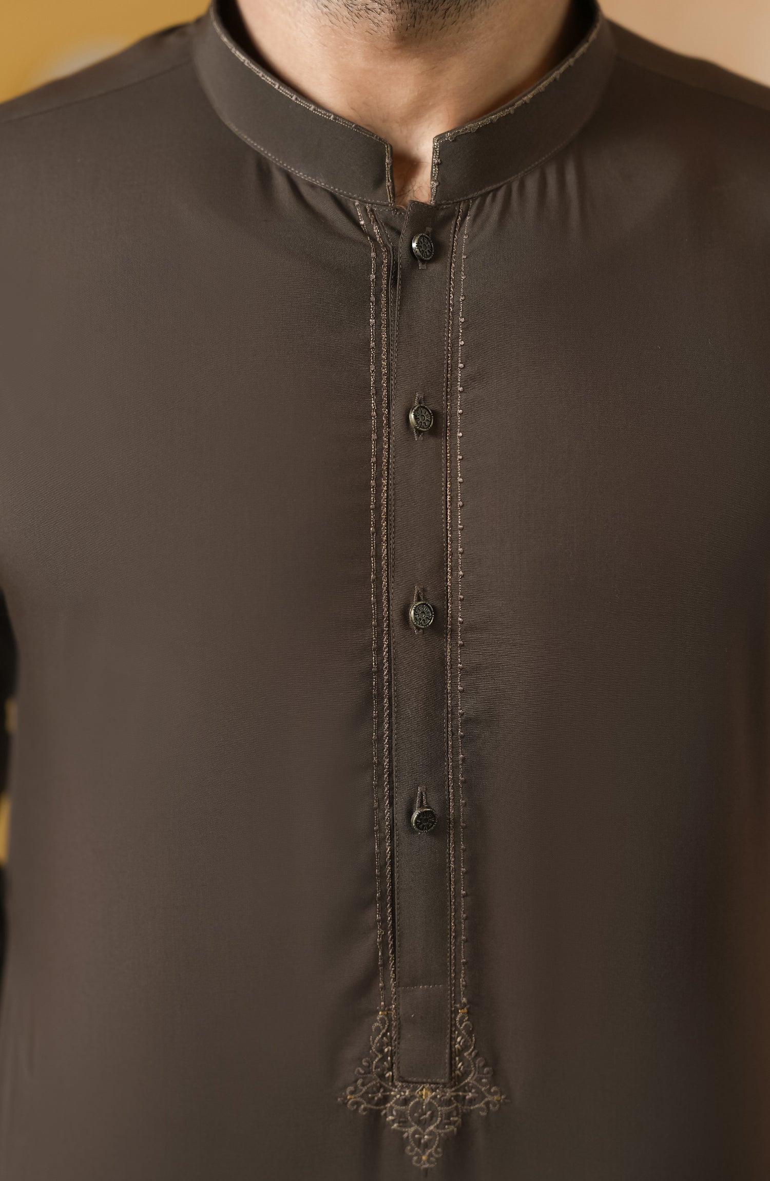 CHOCOLATE BROWN EMBROIDERED BLENDED KAMEEZ SHALWAR - Image 3