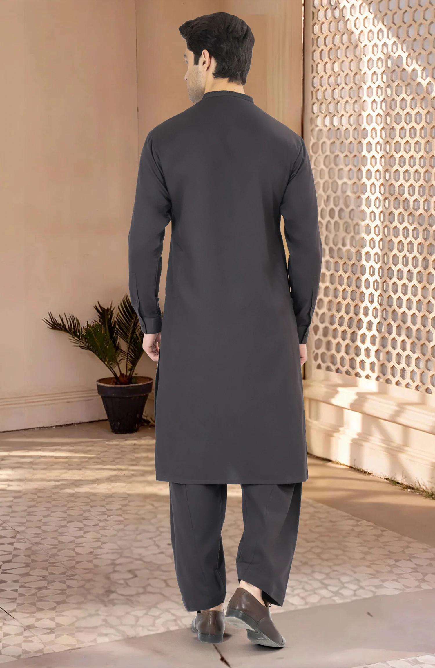 DARK-GREY EMBROIDERED BLENDED KAMEEZ SHALWAR - Image 6