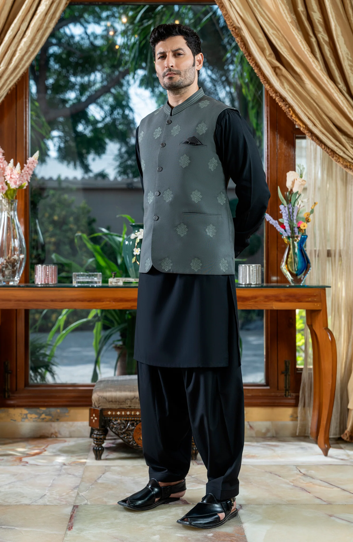 DARK GREY EMBROIDERED BLENDED WAISTCOAT - Image 6