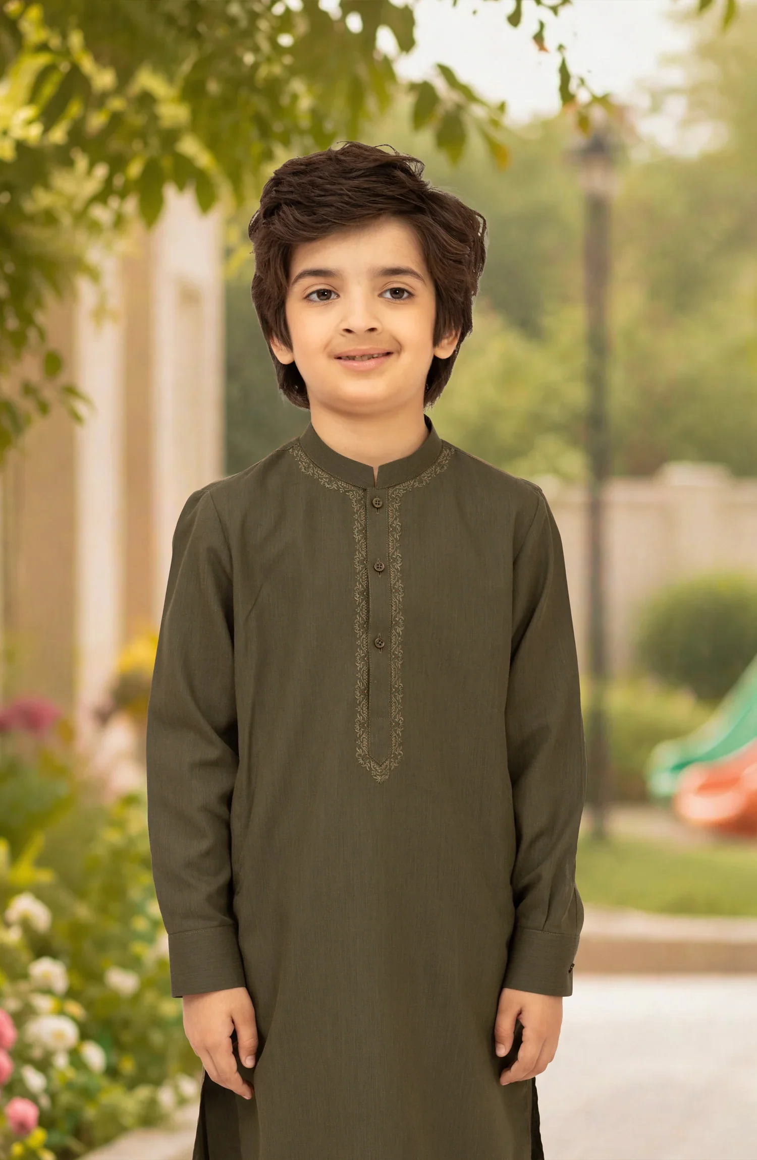 DARK-OLIVE EMBROIDERED BLENDED KAMEEZ SHALWAR - Image 2