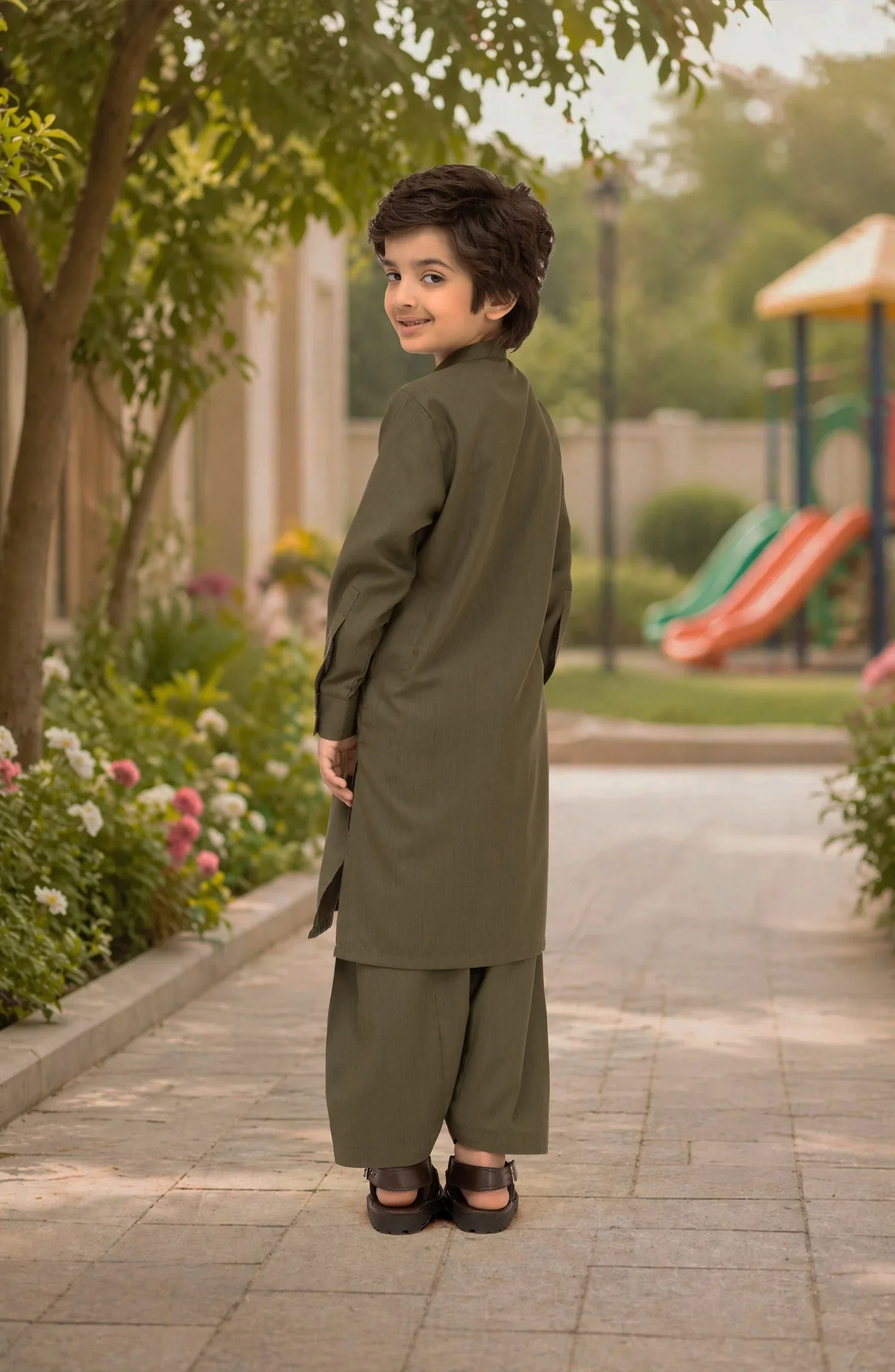 DARK-OLIVE EMBROIDERED BLENDED KAMEEZ SHALWAR - Image 4