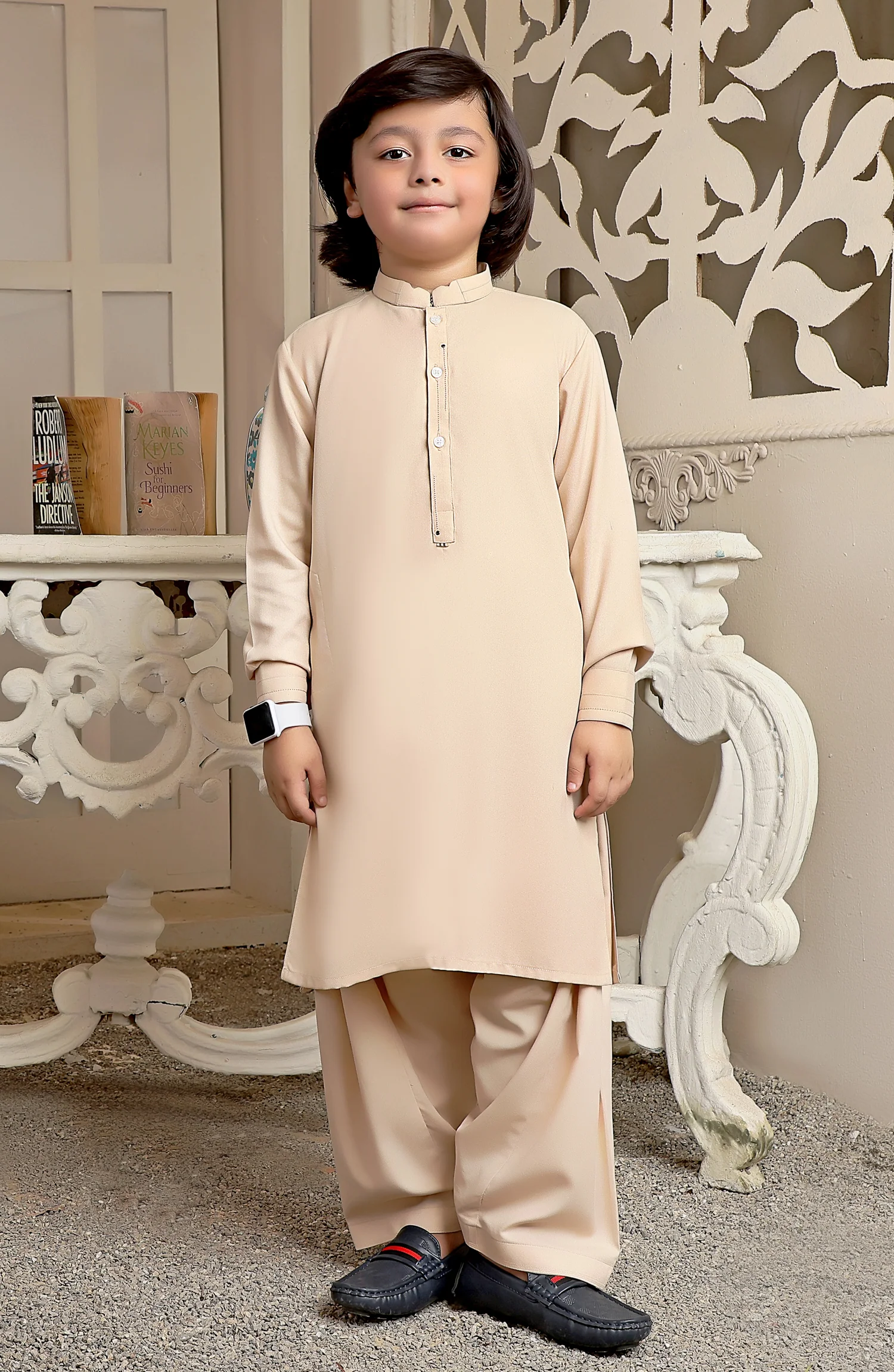 EID FESTIVE'22 BOYS SEMI FORMAL KAMEEZ SHALWAR DARK FAWN - Image 3