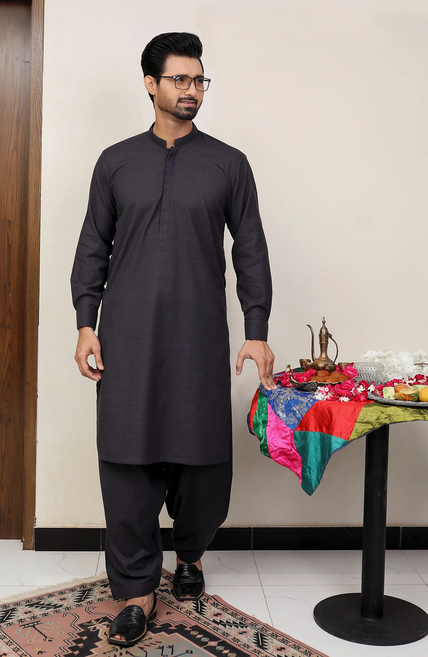 EID FESTIVE'22 MEN KAMEEZ SHALWAR PLAIN CHARCOAL - Image 2