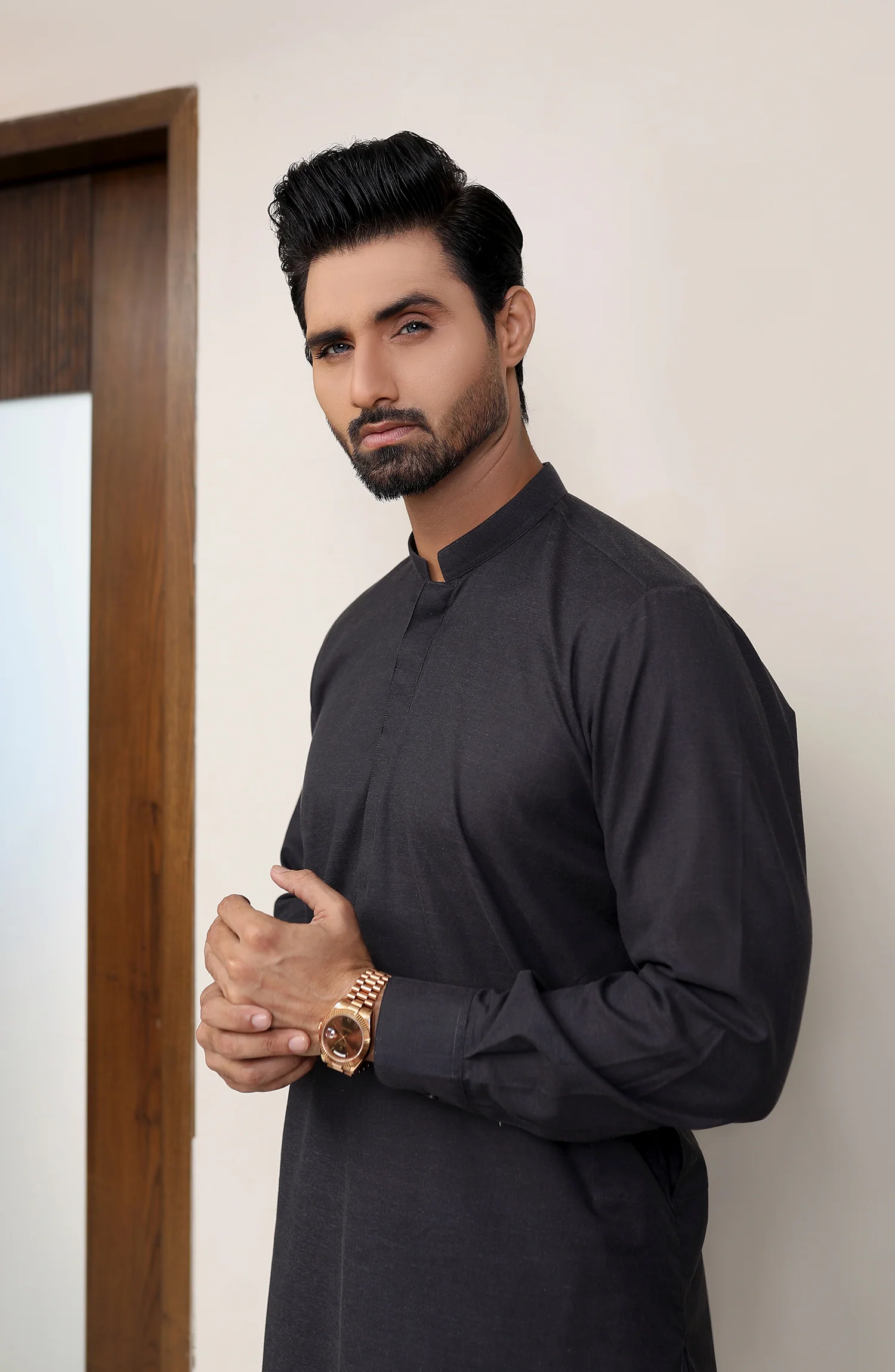 EID FESTIVE'22 MEN KAMEEZ SHALWAR PLAIN CHARCOAL - Image 3