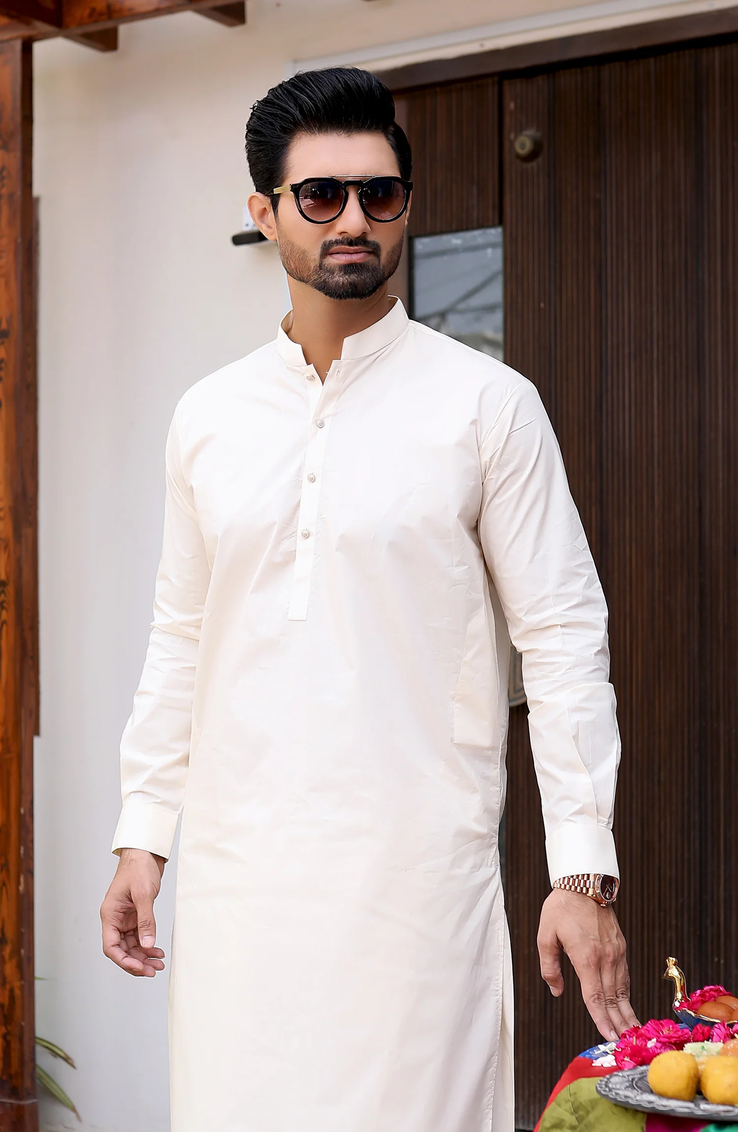 EID FESTIVE'22 MEN KAMEEZ SHALWAR PLAIN CREAM - Image 2