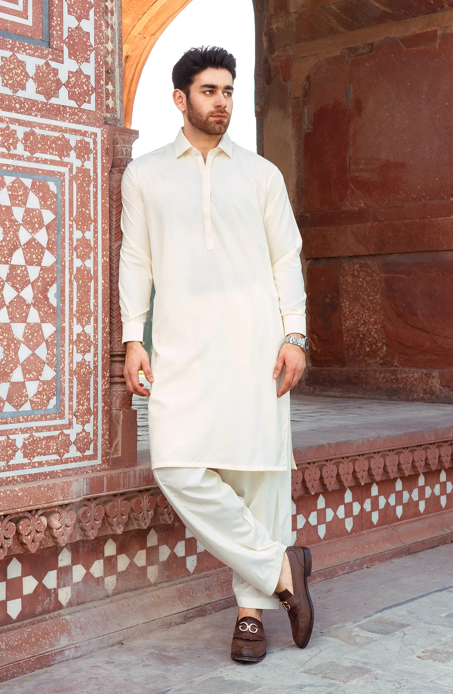 EID FESTIVE'22 MEN KAMEEZ SHALWAR PLAIN CREAM - Image 2