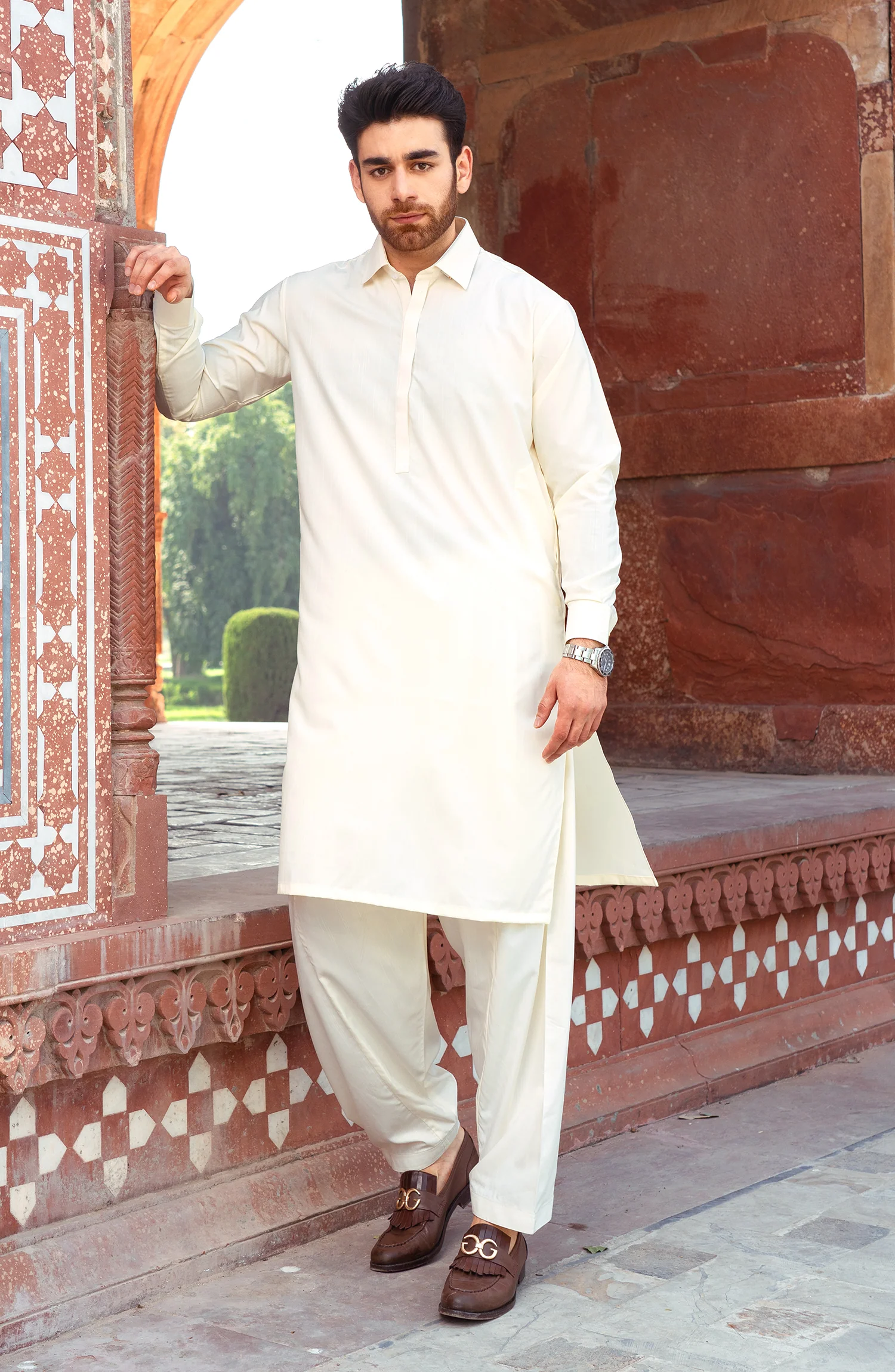 EID FESTIVE'22 MEN KAMEEZ SHALWAR PLAIN CREAM - Image 3