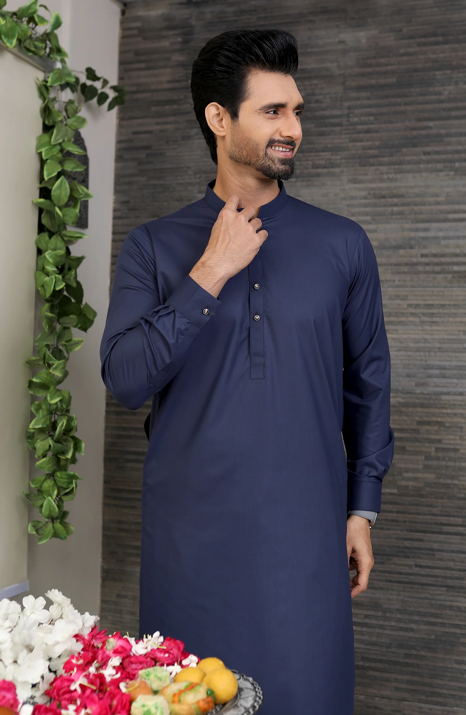 EID FESTIVE'22 MEN KAMEEZ SHALWAR PLAIN DARK BLUE - Image 4