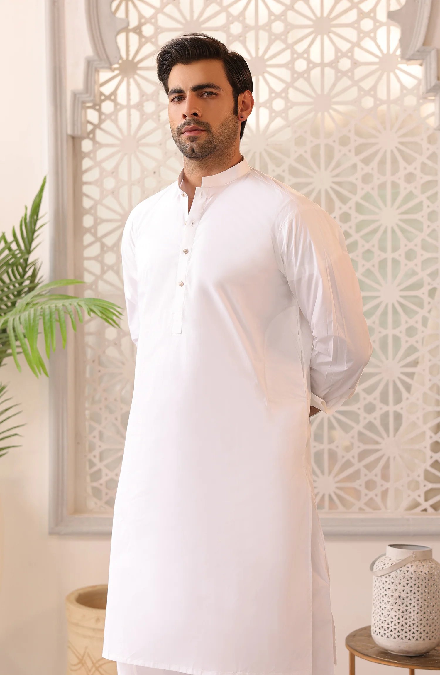 EID FESTIVE'22 MEN KAMEEZ SHALWAR PLAIN EGG WHITE - Image 2