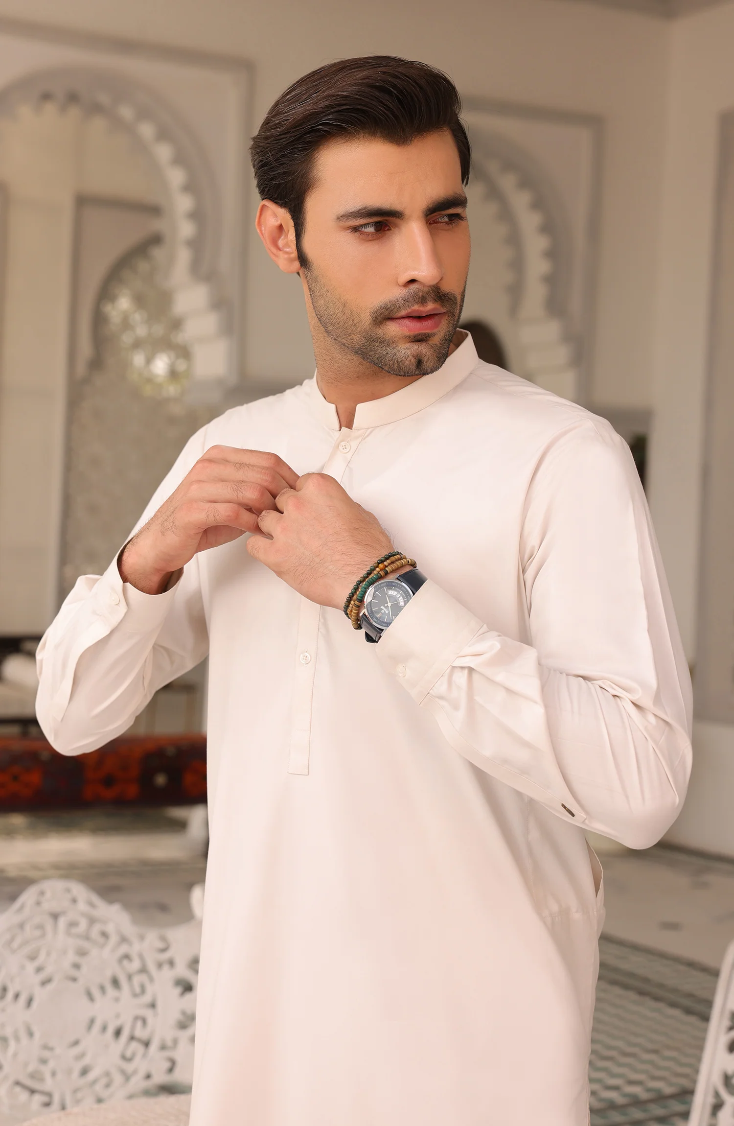 EID FESTIVE'22 MEN KAMEEZ SHALWAR PLAIN LIGHT BEIGE - Image 2