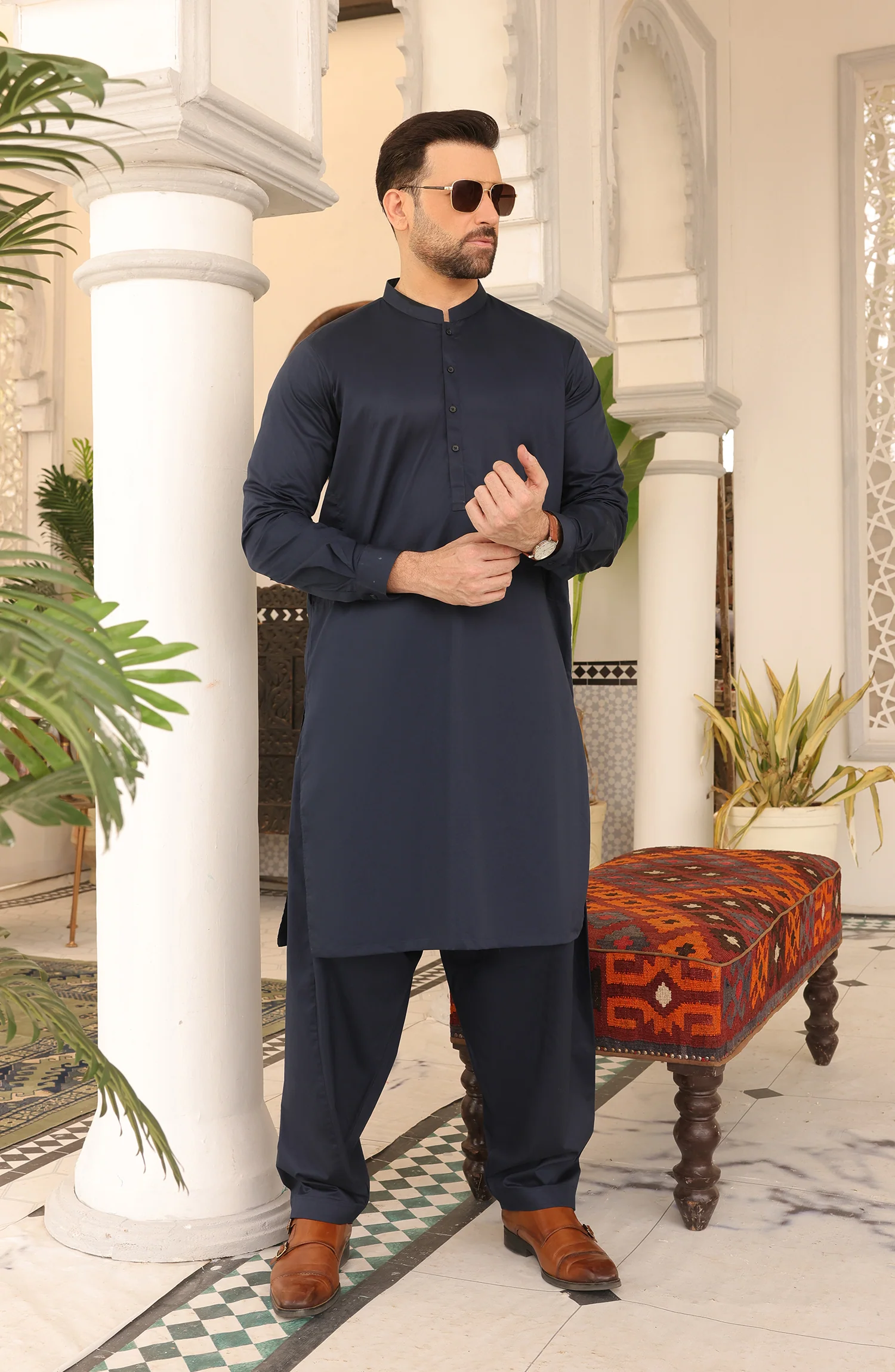 EID FESTIVE'22 MEN KAMEEZ SHALWAR PLAIN NAVY BLUE - Image 2