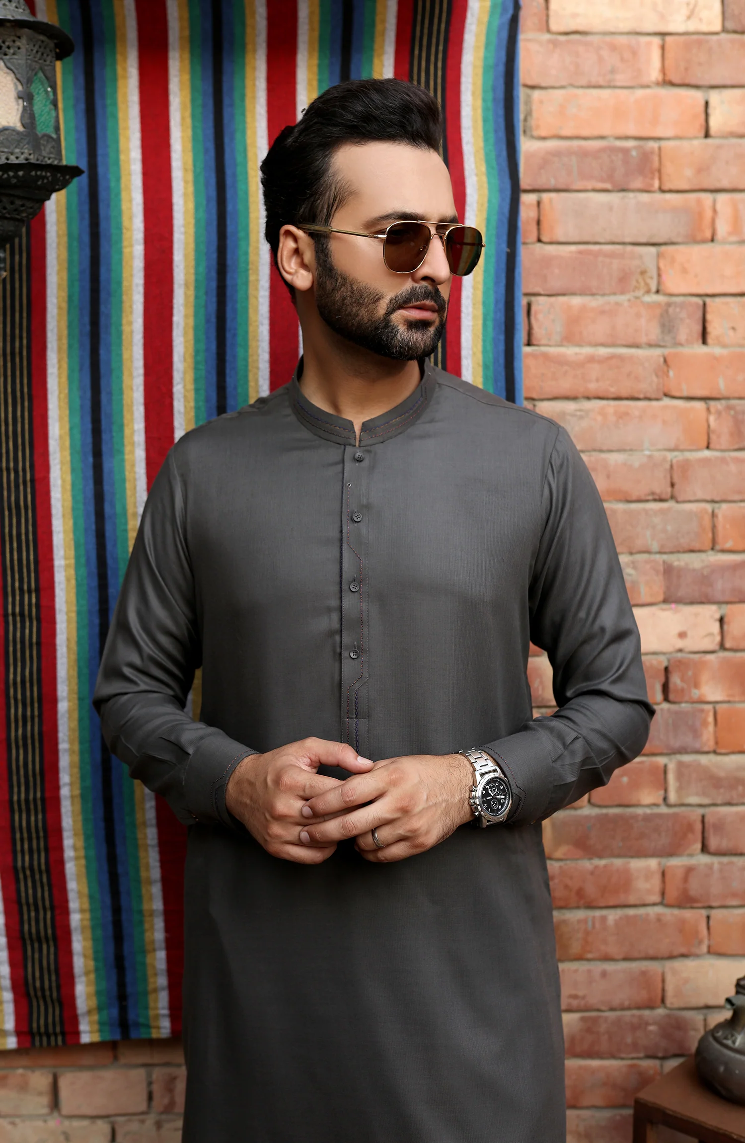 EID FESTIVE'22 MEN KAMEEZ SHALWAR SEMI FORMAL DARK GREY - Image 3