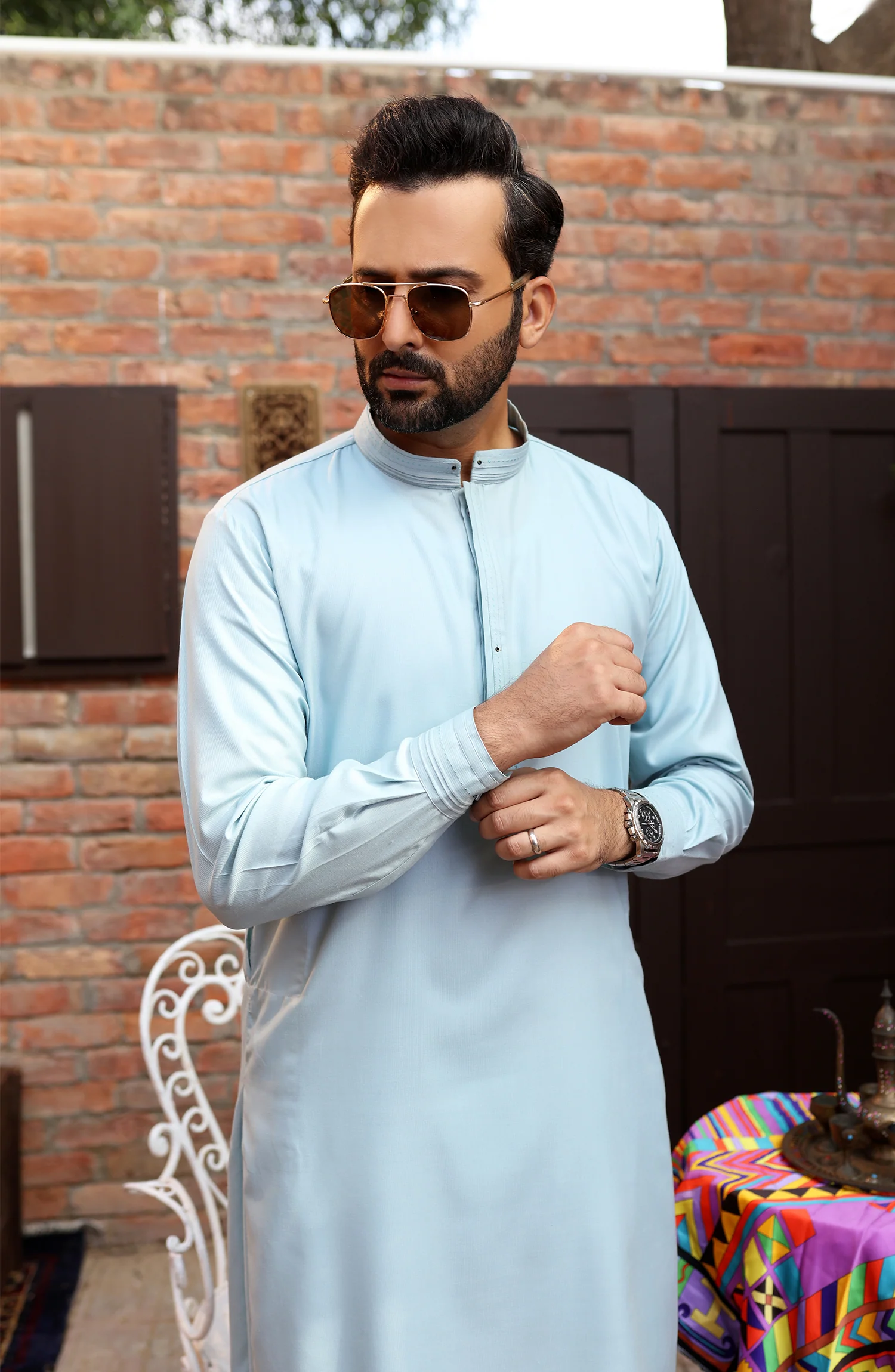 EID FESTIVE'22 MEN KAMEEZ SHALWAR SEMI FORMAL LIGHT TURQUIES - Image 2