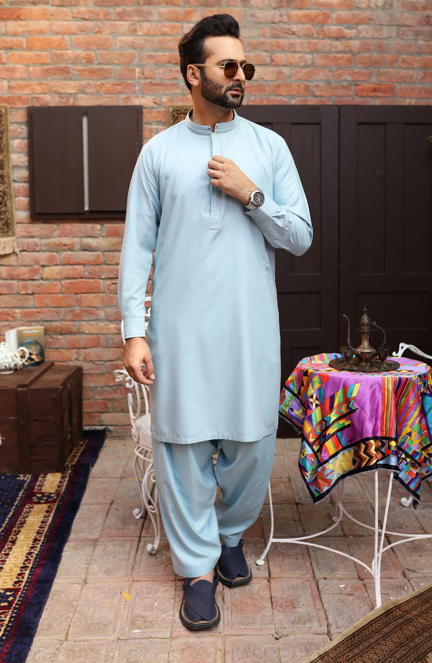 EID FESTIVE'22 MEN KAMEEZ SHALWAR SEMI FORMAL LIGHT TURQUIES - Image 3