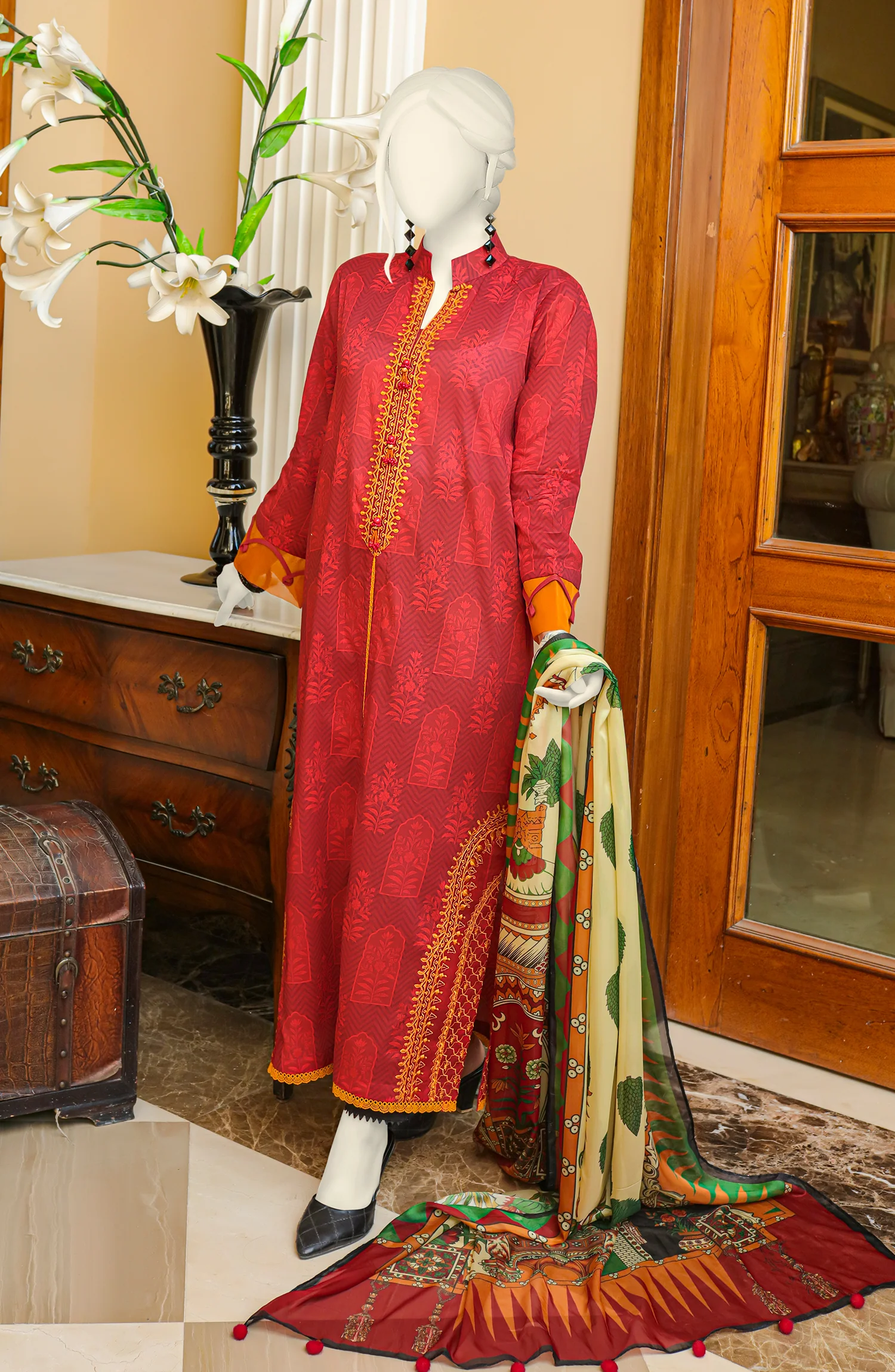 EID FESTIVE'22 RED JAY NEST EMBROIDERED PRINTED LAWN 3PC UNSTITCHED